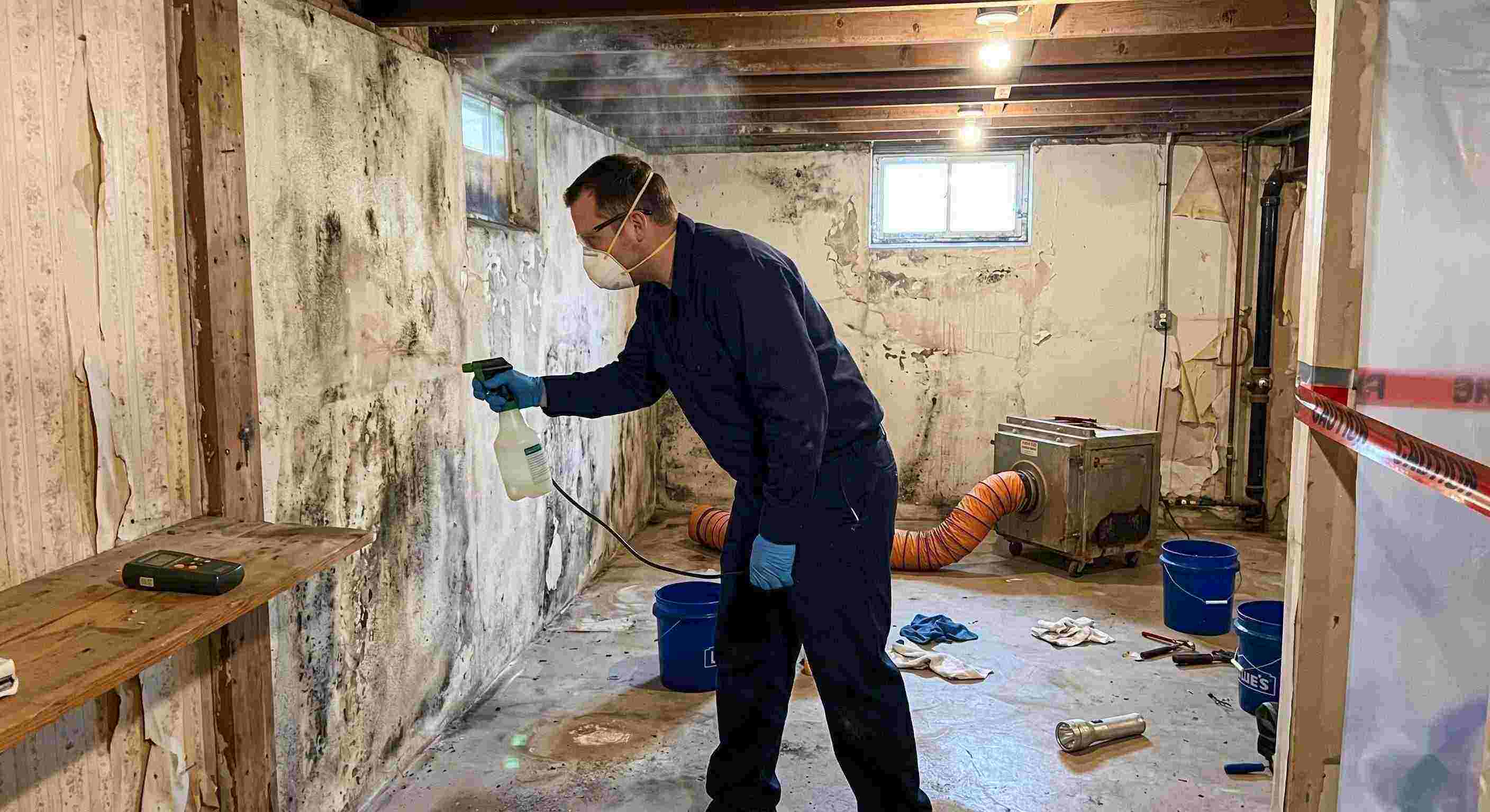 Professional technician performing antimicrobial mold treatment in a damp basement during mold remediation in a home in Ann Arbor.