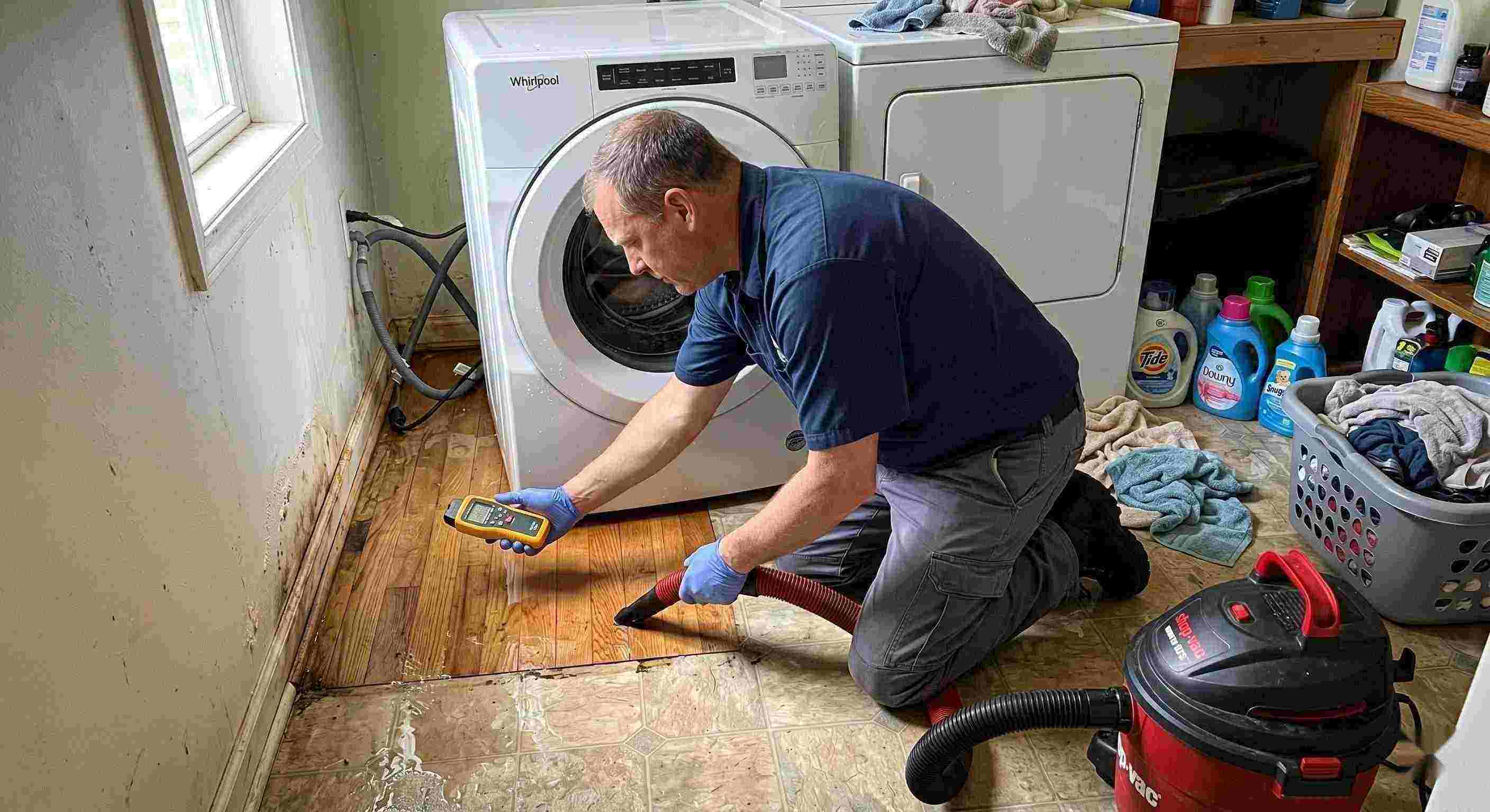 Appliance leak cleanup in a home laundry area with water pooling around the washing machine, showing technicians removing water and inspecting damp floors in Ann Arbor.