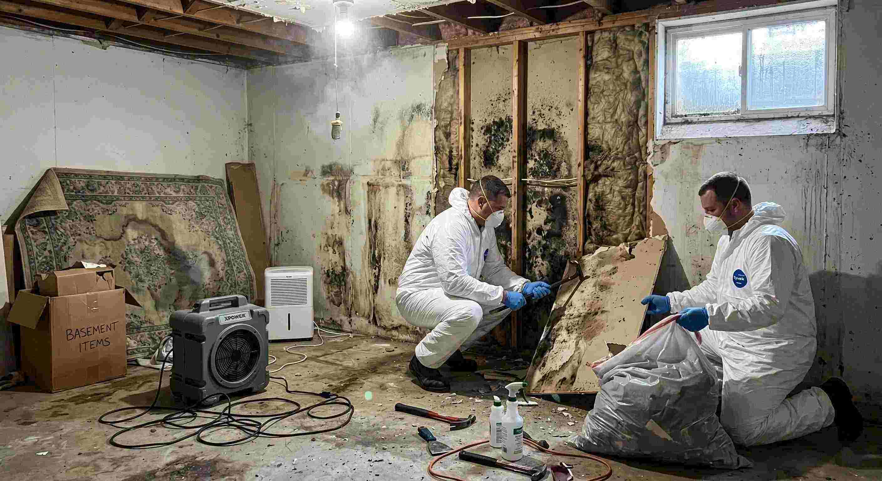 Realistic basement mold removal in a home in Ann Arbor, showing technicians safely removing black mold and using dehumidifiers and HEPA air scrubbers.