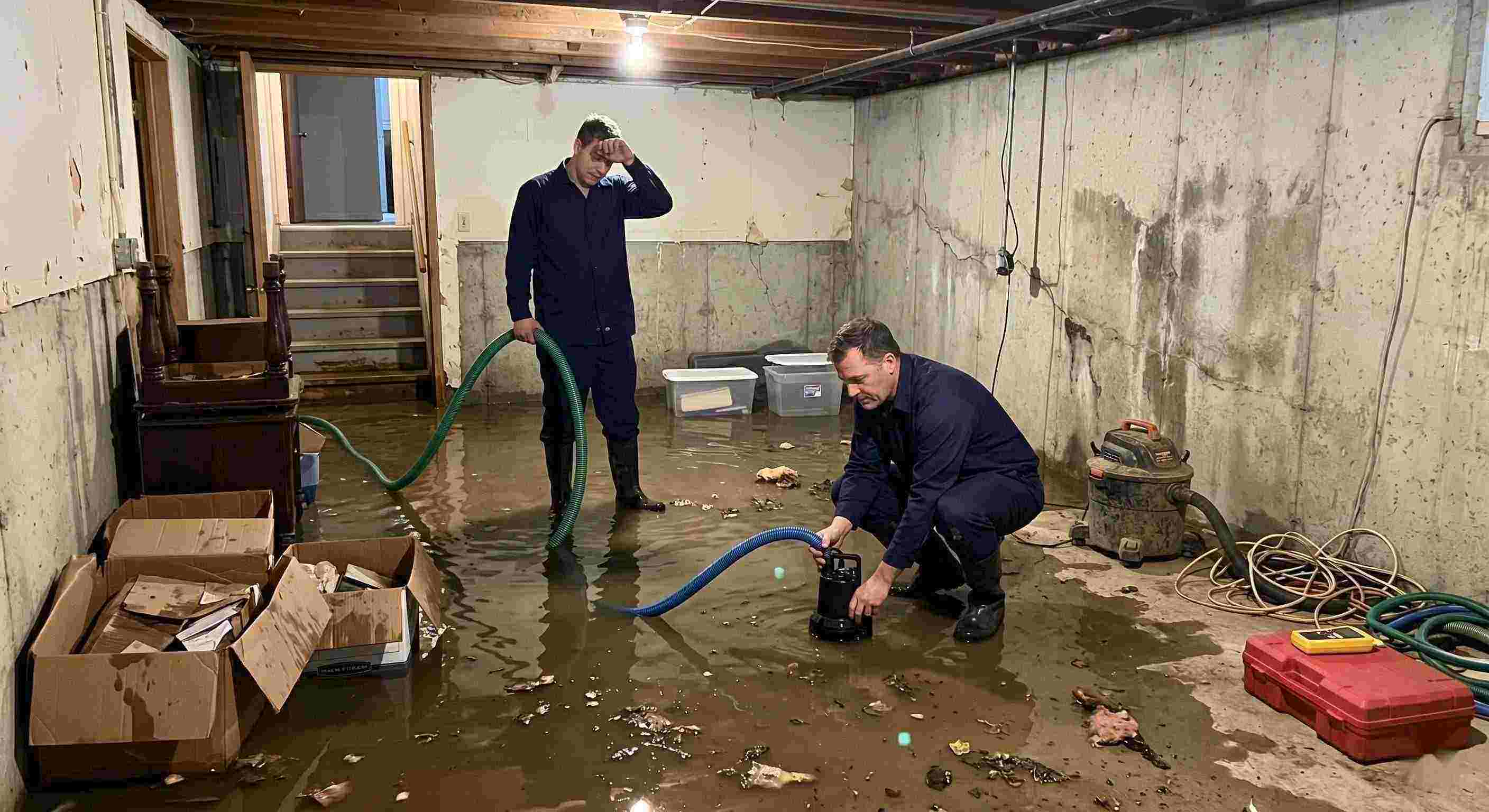 Top-rated basement water removal service in Dearborn with technicians pumping out flooded basement