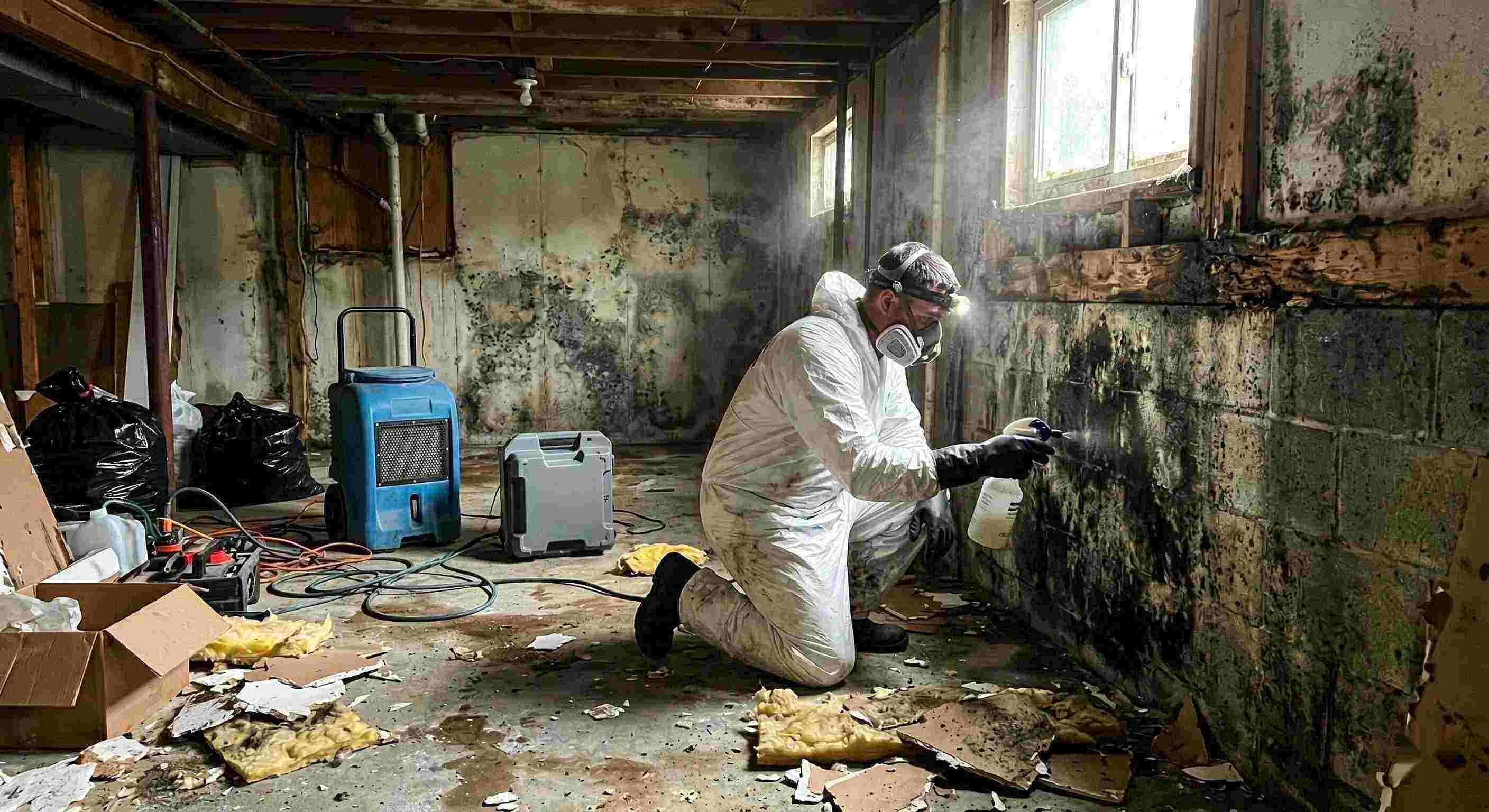 Technician performing black mold cleanup in a damp residential basement in Ann Arbor, showing removed drywall, mold patches, and remediation equipment.