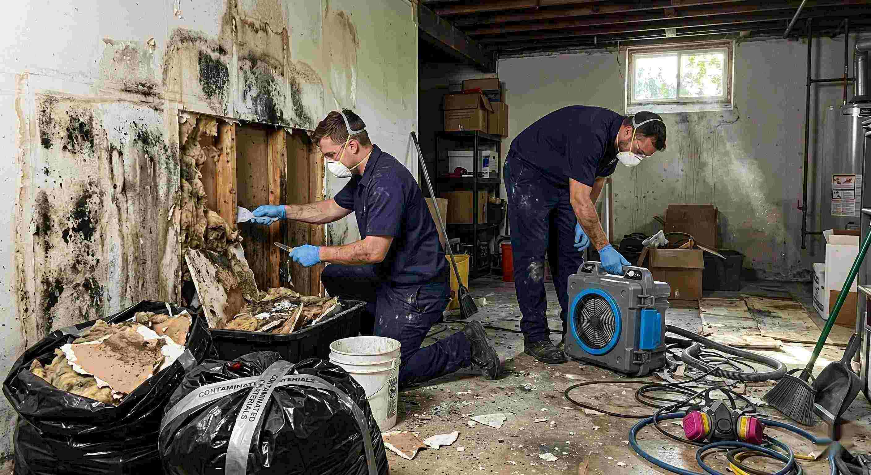 Technicians performing black mold cleanup in a damp residential basement in Ann Arbor, carefully removing contaminated drywall and insulation.