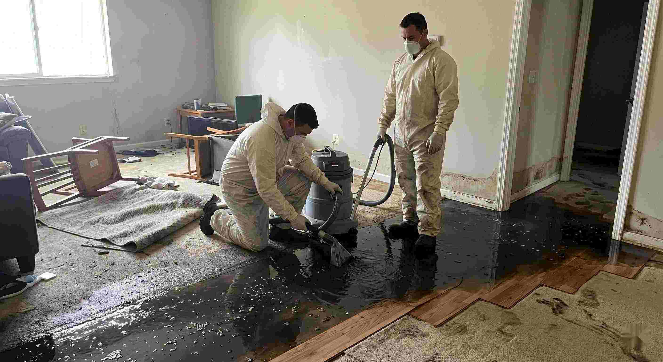 Black water removal service in Ann Arbor showing technicians extracting contaminated sewage water from flooded home interior