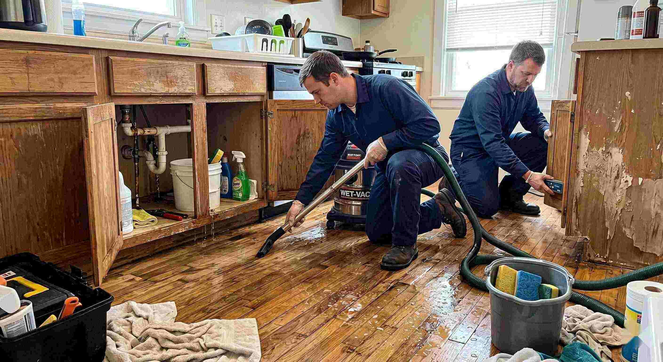 Realistic photo of technicians performing burst pipe water damage cleanup in a home in Ann Arbor, removing standing water and inspecting wet floors and walls.