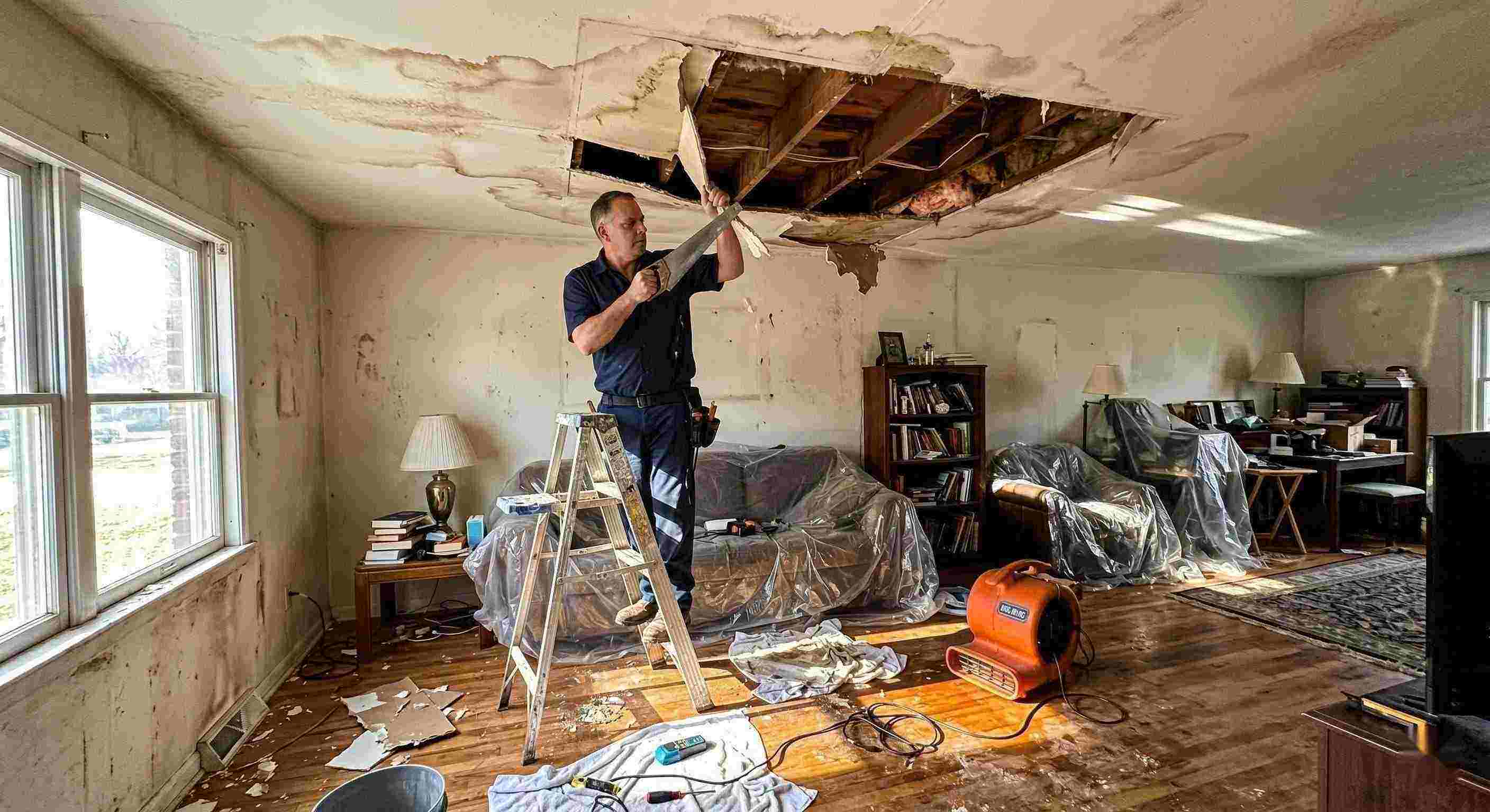 Realistic indoor scene of technicians performing ceiling leak repair in a home in Ann Arbor, showing water-damaged ceiling, tools, and drying equipment.