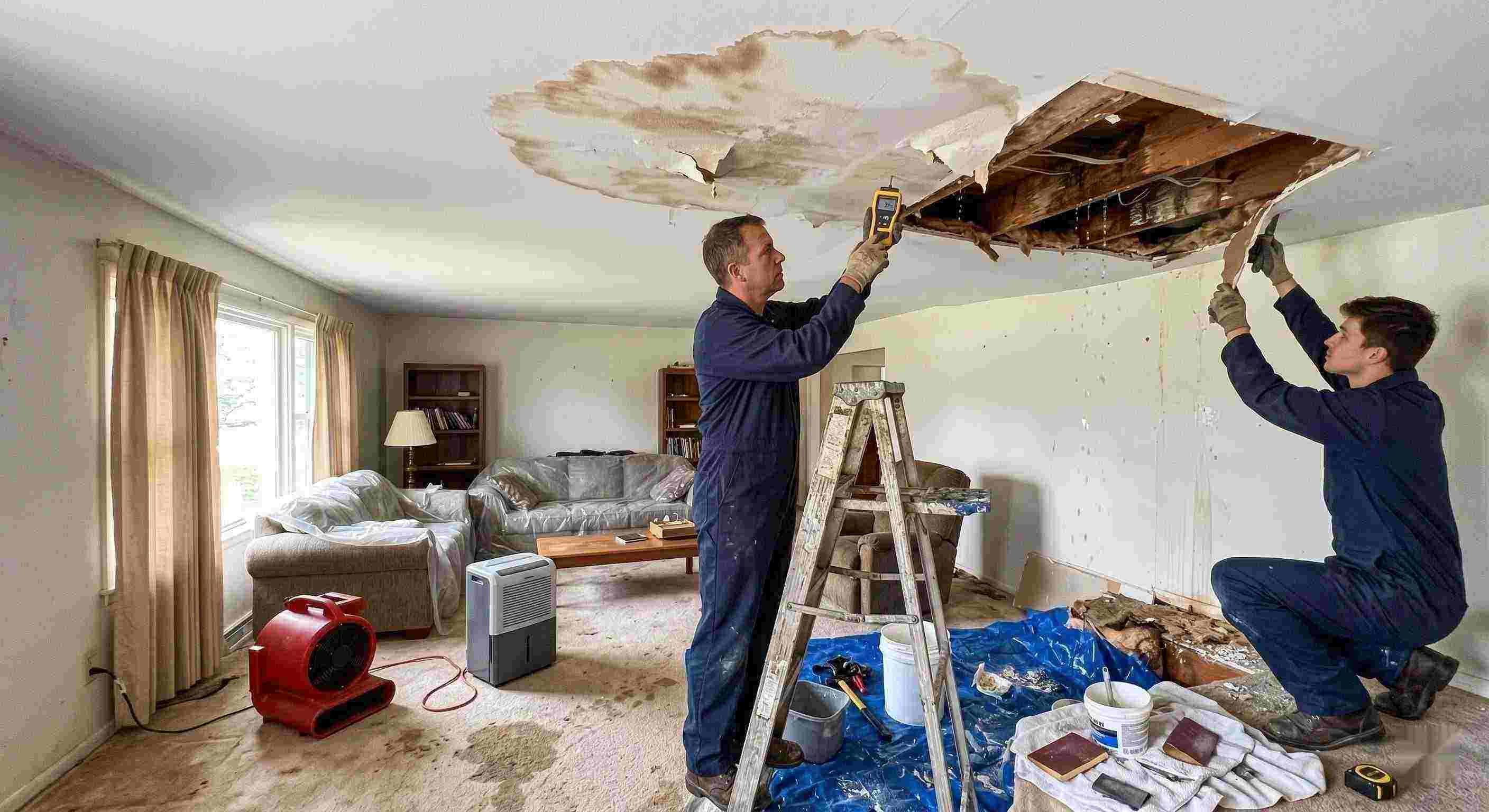 Realistic residential ceiling leak repair scene with technicians using moisture meters and air movers to fix water damage in a home in Ann Arbor.