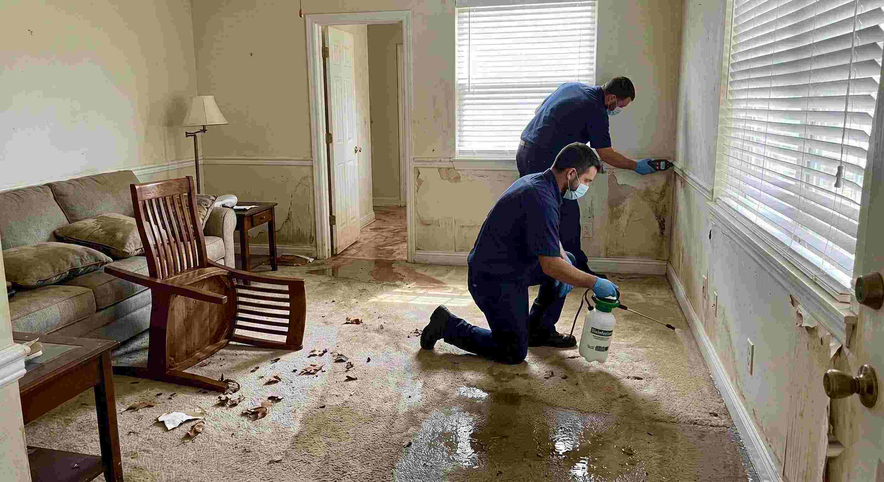 Technicians performing flood disinfection after water damage inside a home in Ann Arbor, ensuring wet floors, damp walls, and household items are sanitized safely.
