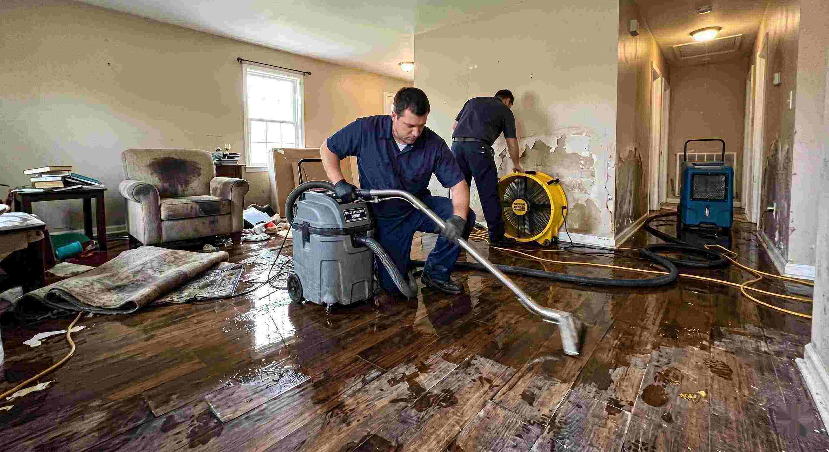 Local emergency water damage restoration technicians removing water from flooded home in Flint