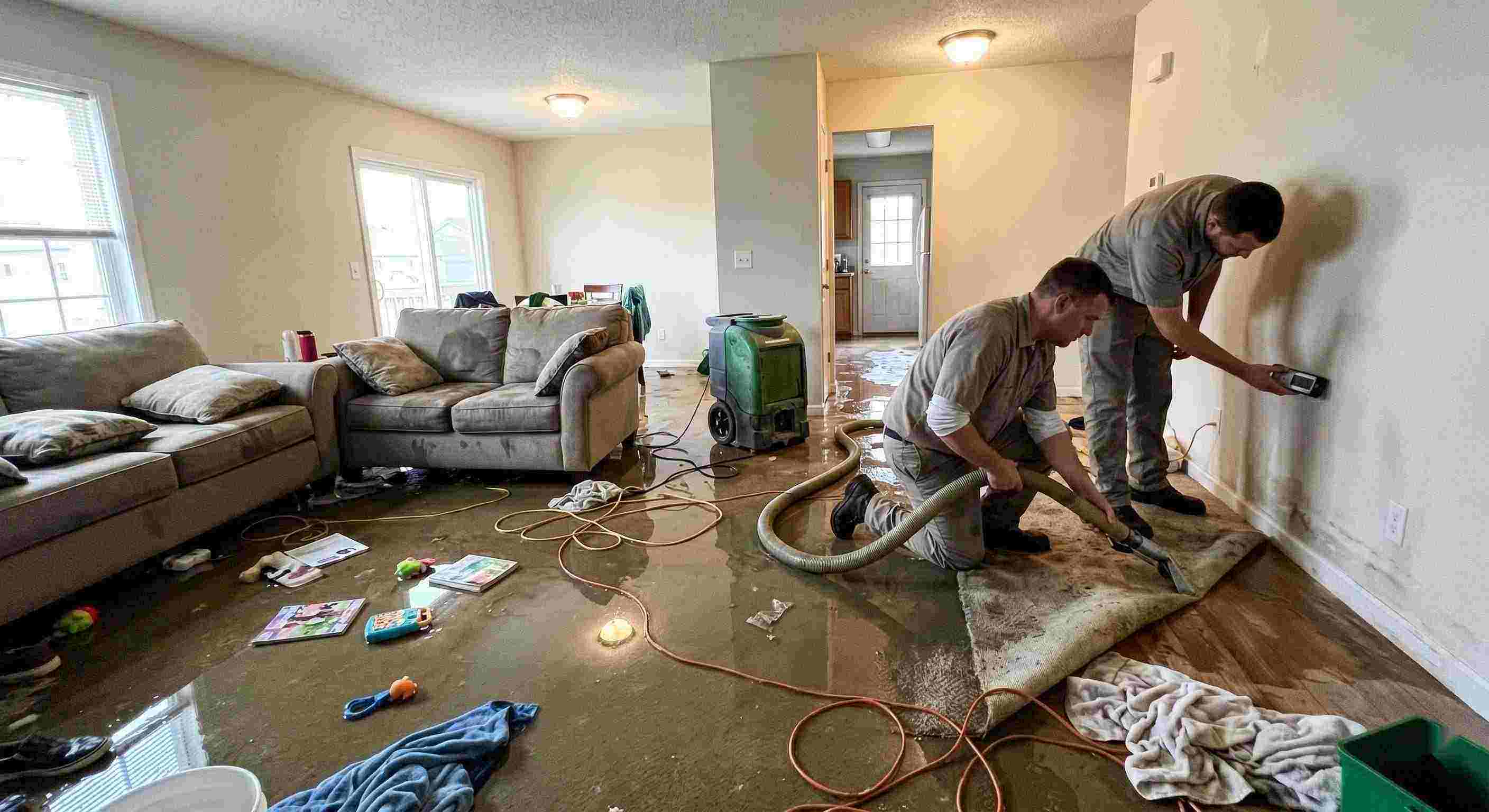 Local emergency water removal technicians extracting water from flooded living room in Dearborn