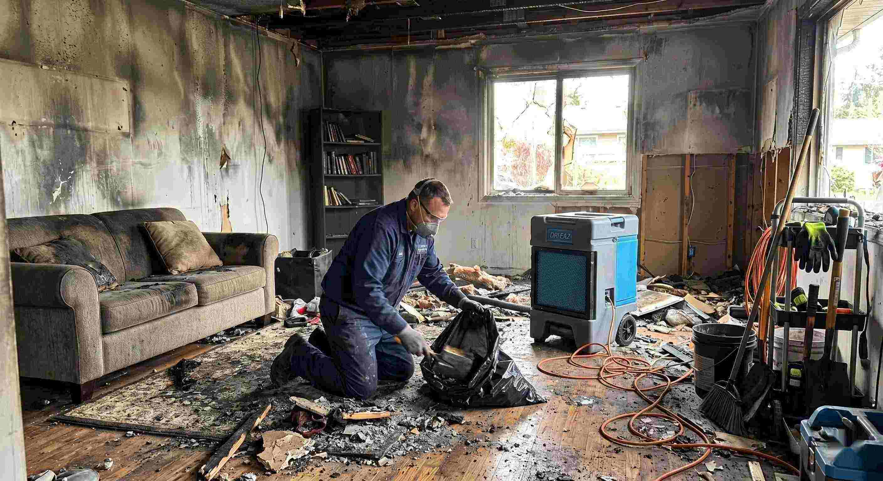 Fire damage cleanup scene with technician removing debris from a home affected by fire in Ann Arbor