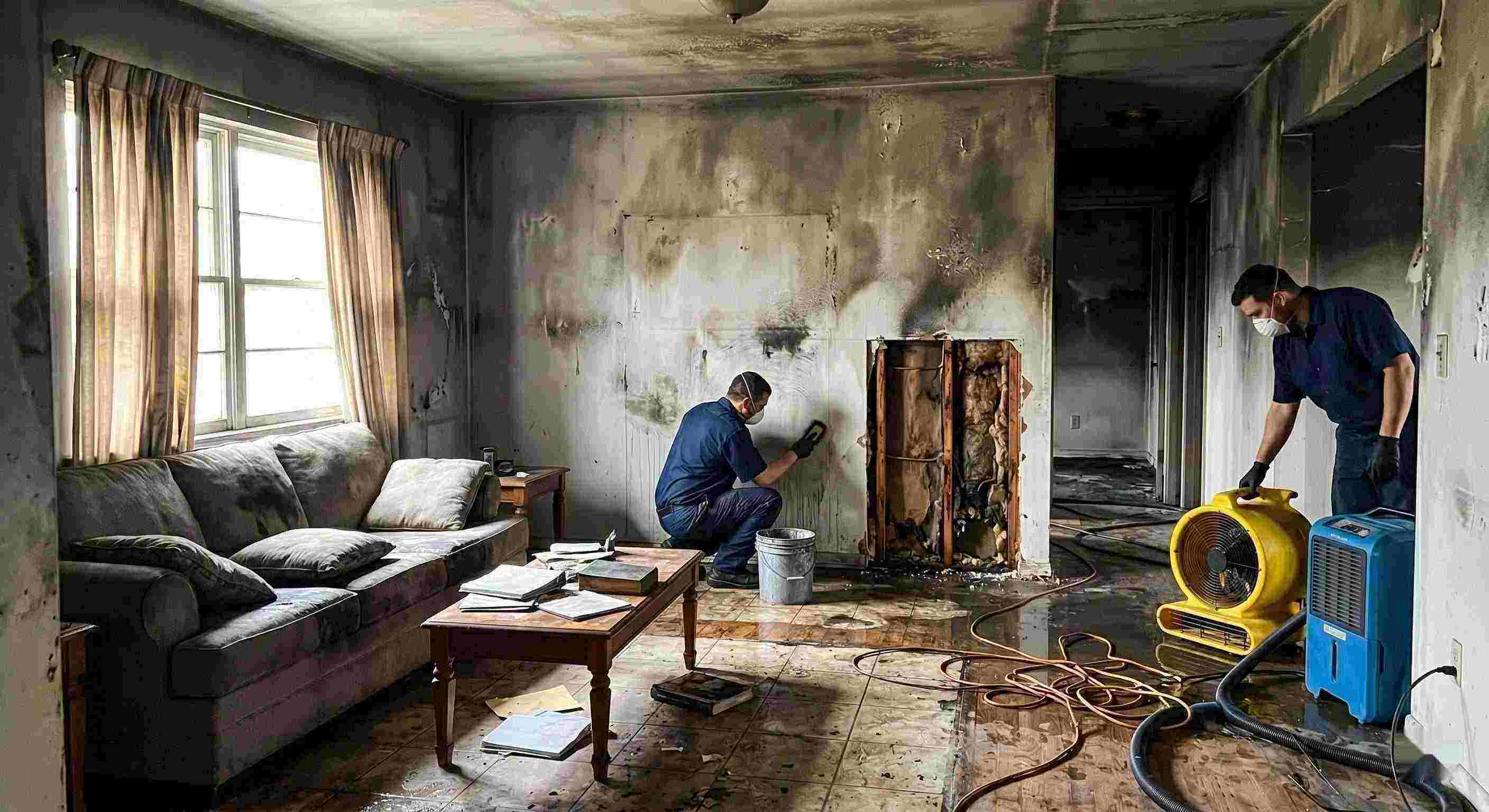 Best fire damage restoration cleanup with technicians removing soot and drying water damage in home Flint