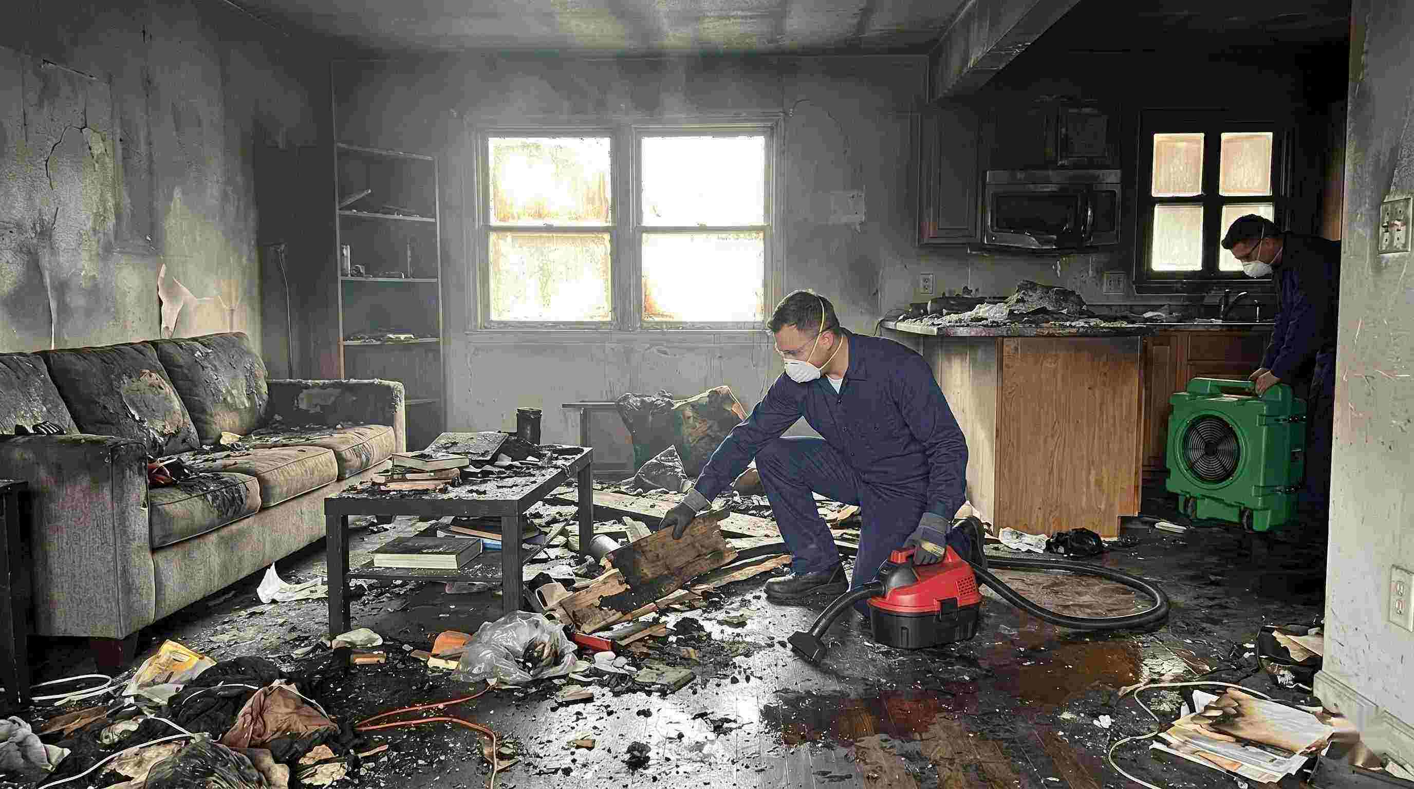 Realistic image showing extensive fire damage in a home with soot, debris, and smoke residue, captured during fire damage restoration in Ann Arbor.