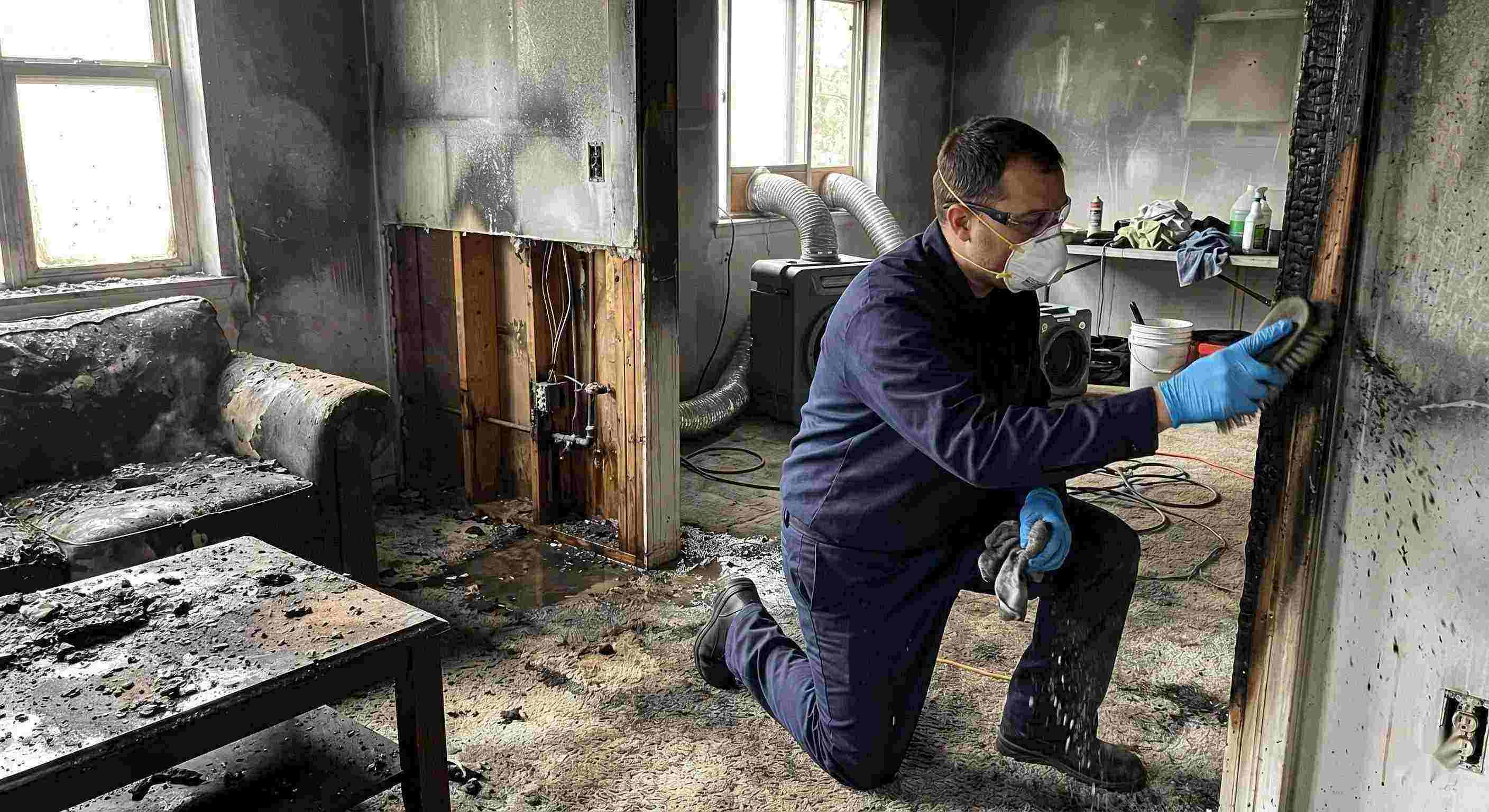 Action shot of a fire damage restoration technician cleaning soot and debris in a home damaged by fire in Ann Arbor