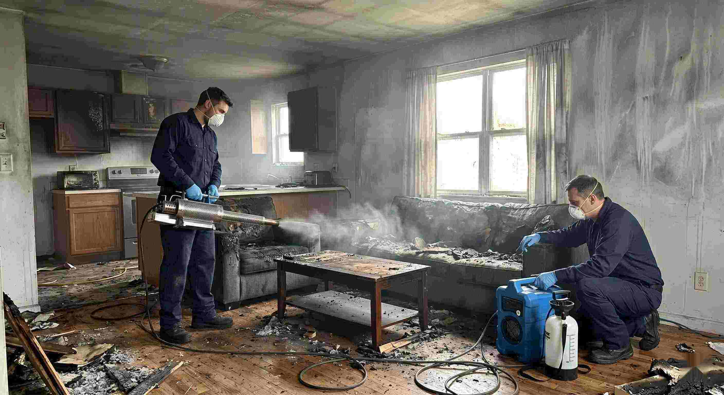Fire odor removal service in a home showing technicians using thermal fogging equipment to eliminate smoke and soot odors in Ann Arbor.