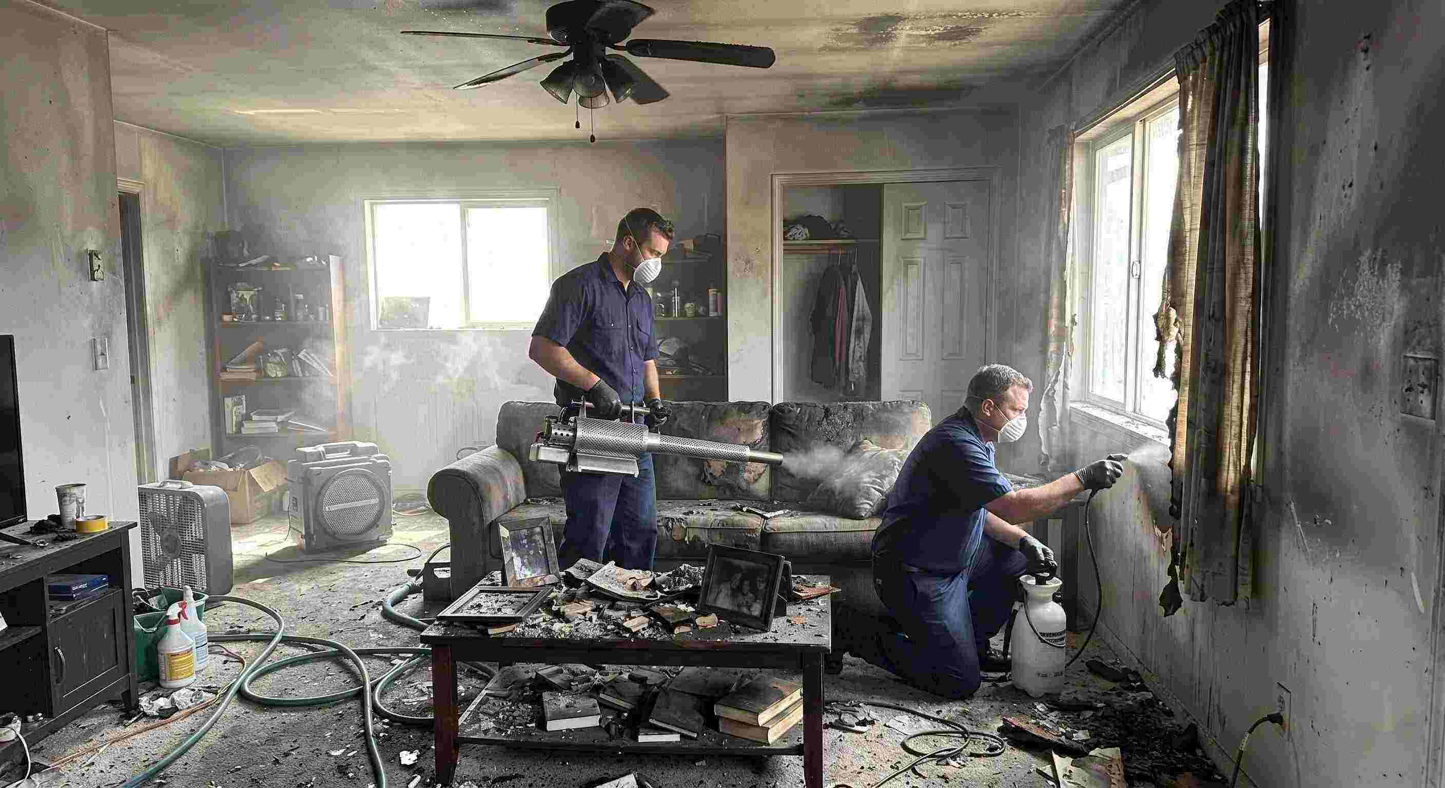 Fire damage restoration technicians removing smoke odors from a soot-stained home in Ann Arbor, using thermal fogging and odor neutralization.