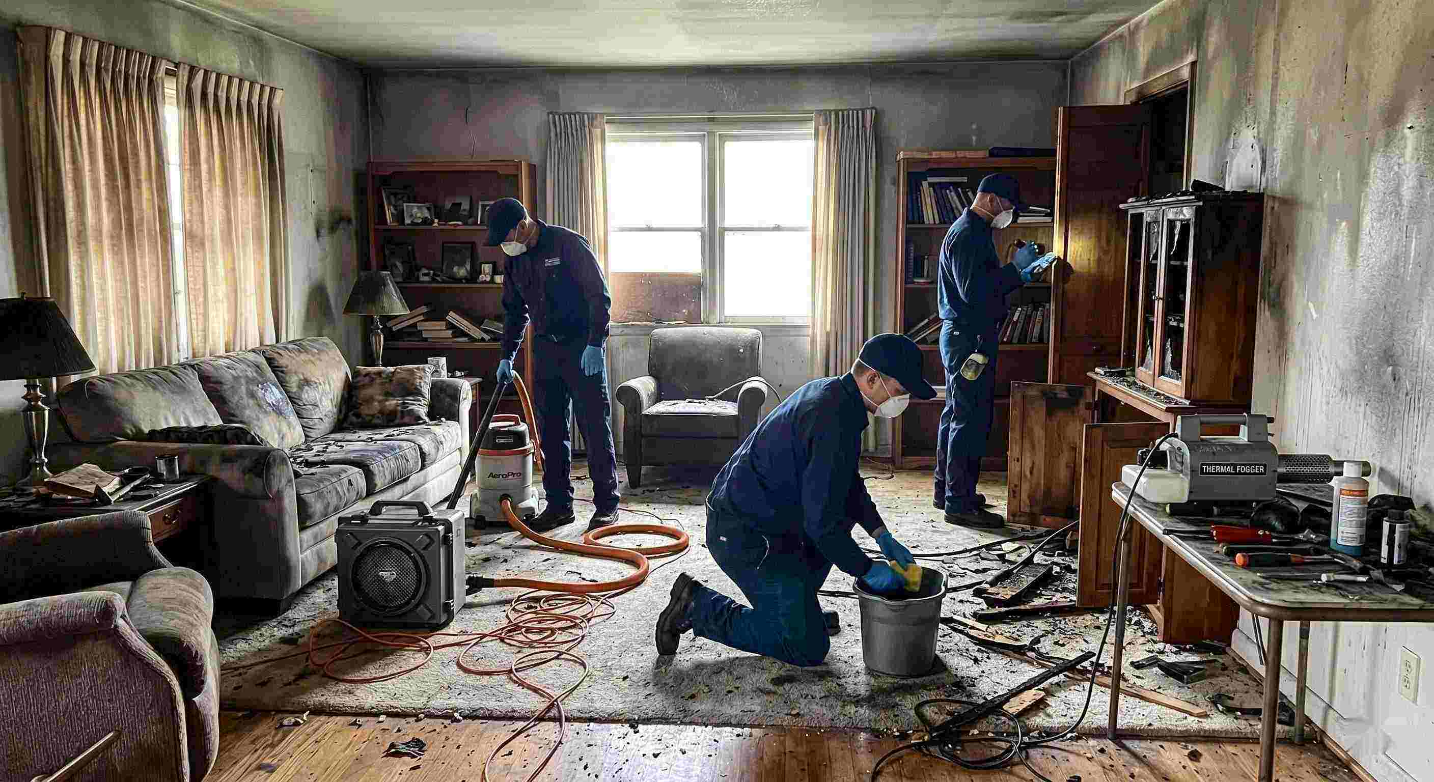 Photo of a fire restoration team using professional equipment to clean soot and smoke damage in a Ann Arbor home, emphasizing trust and hands-on expertise.