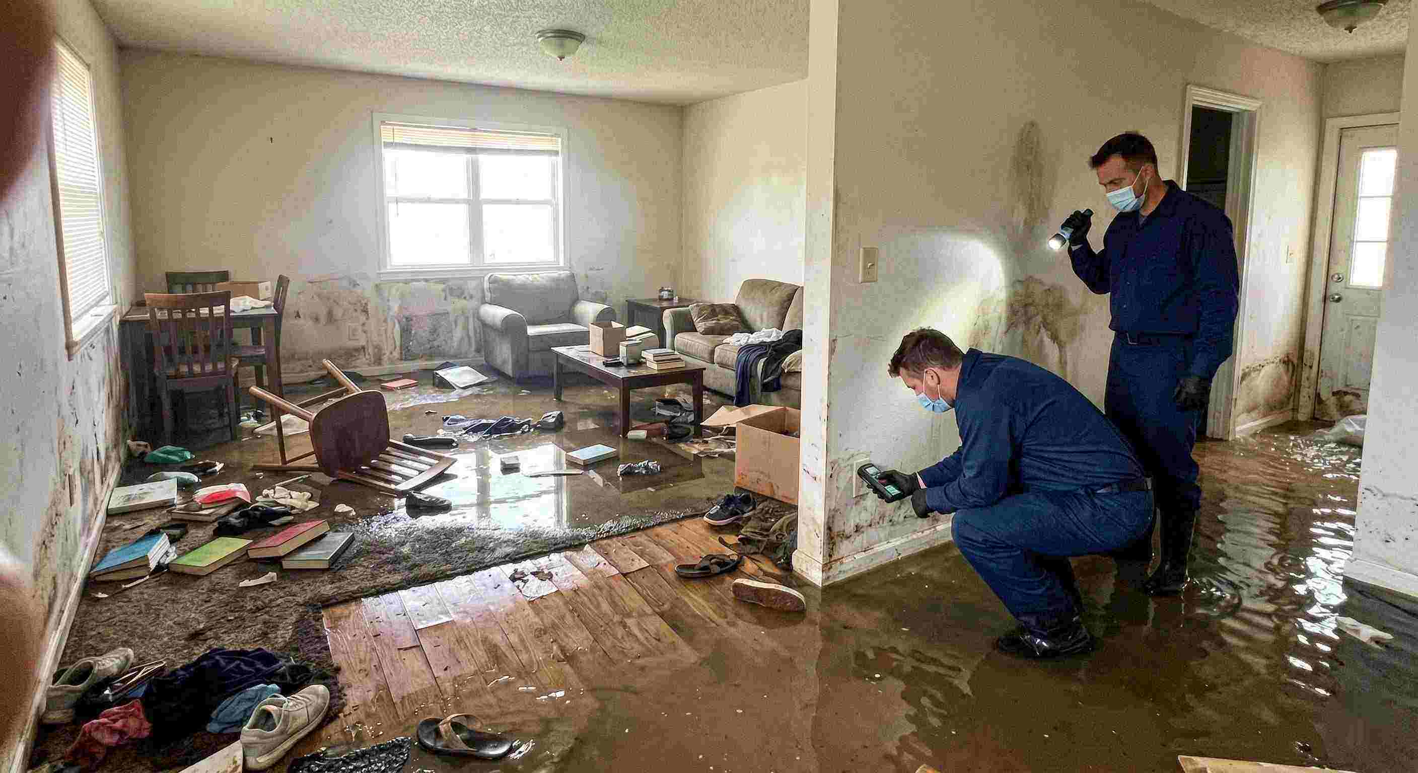 Severe home flooding with waterlogged floors, damaged furniture, and generic technician assessing the damage in Ann Arbor