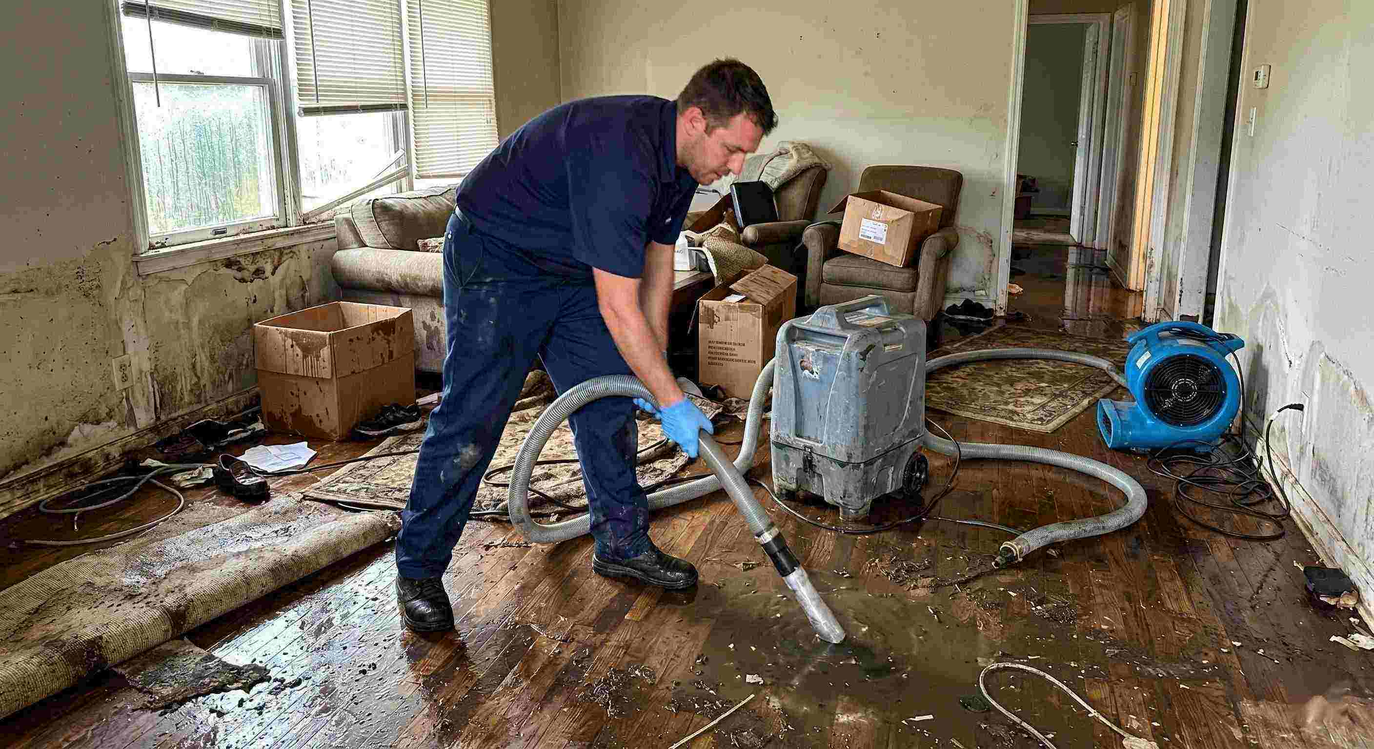 Action shot of a flood damage restoration technician removing standing water in a flooded home during the restoration process in Ann Arbor.