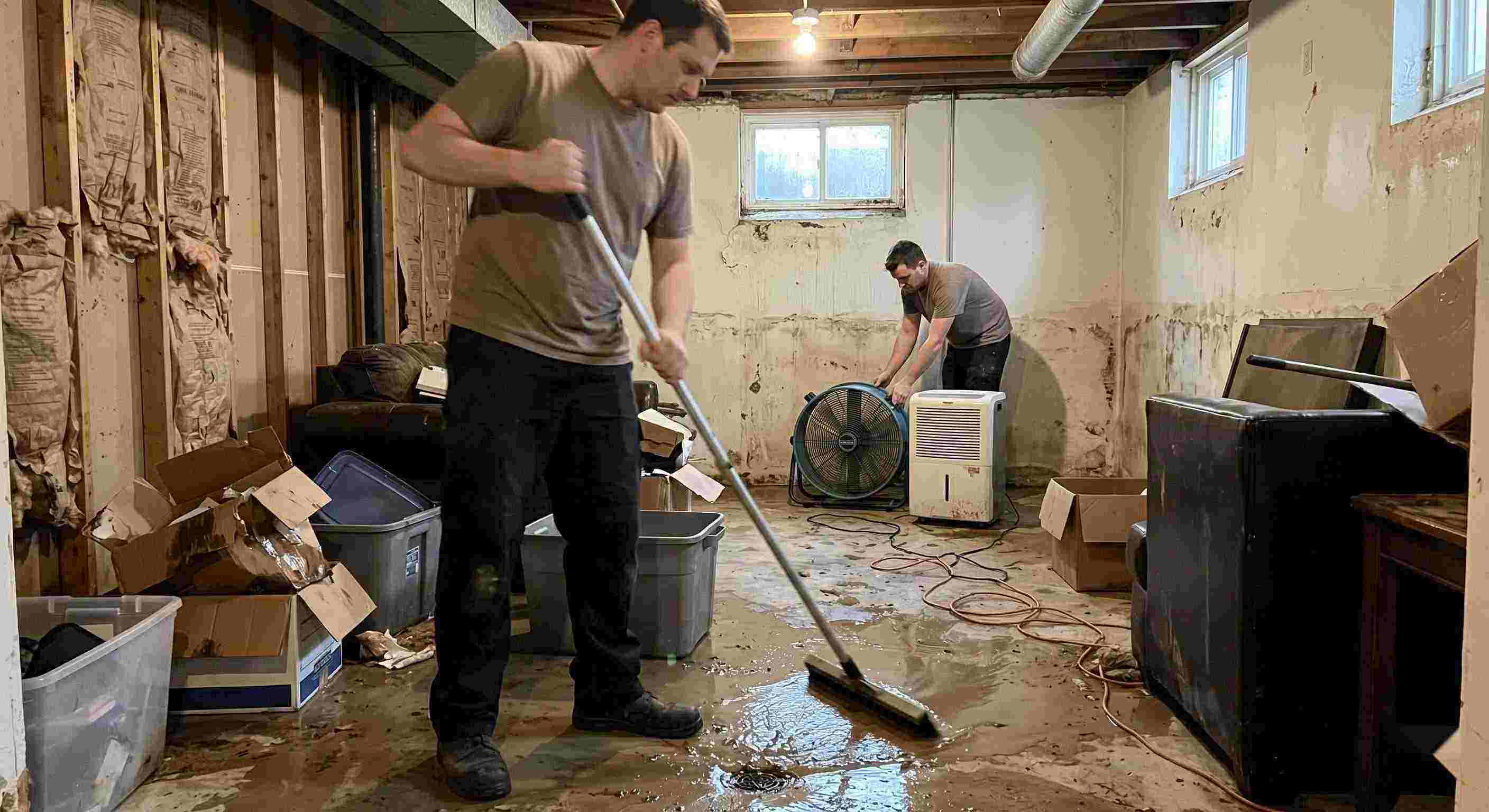 Trusted flood and storm damage cleanup in a residential basement with standing water removal and drying equipment in Flint