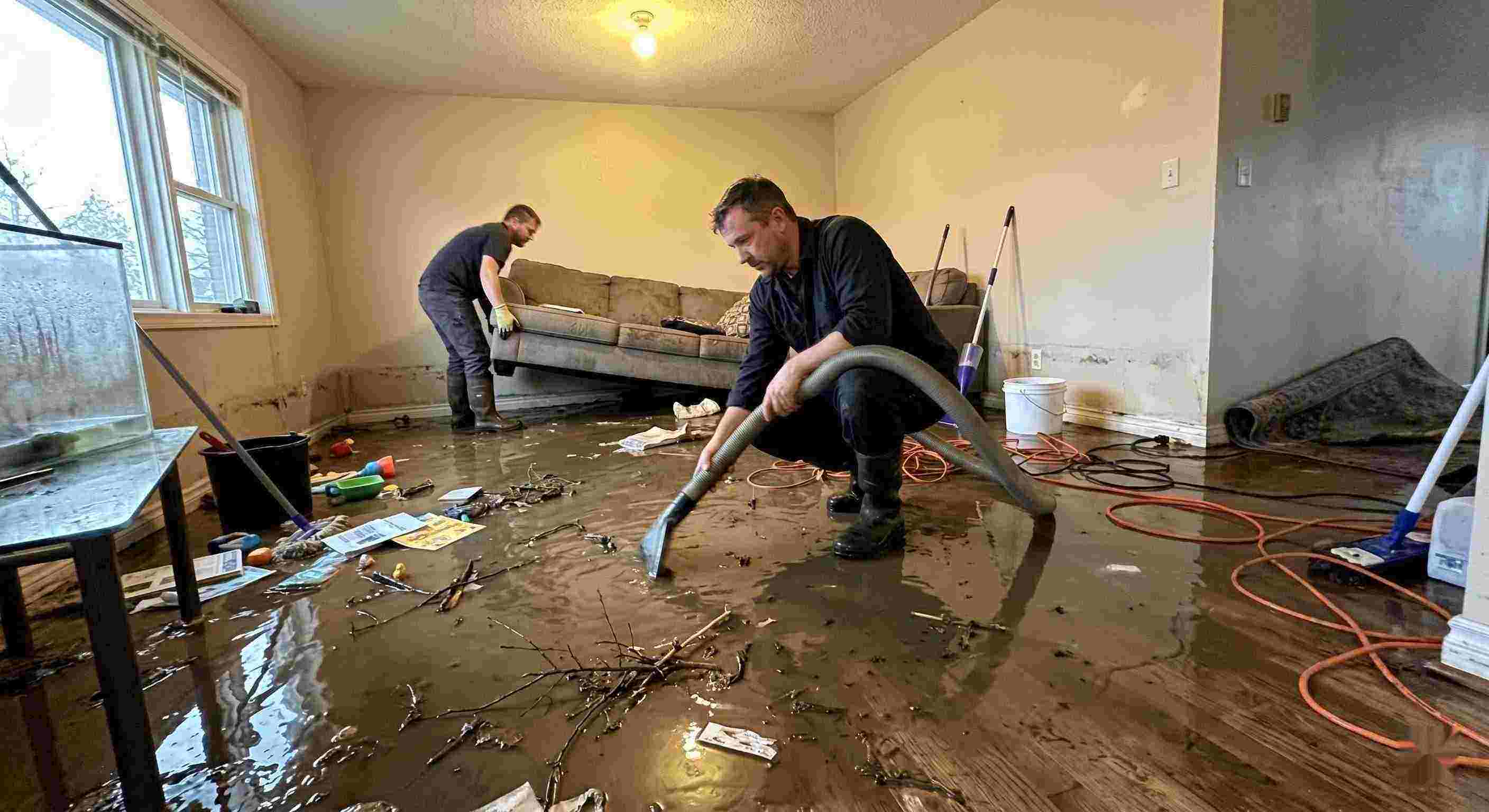 Fast flood water extraction service removing contaminated water from flooded home in Dearborn