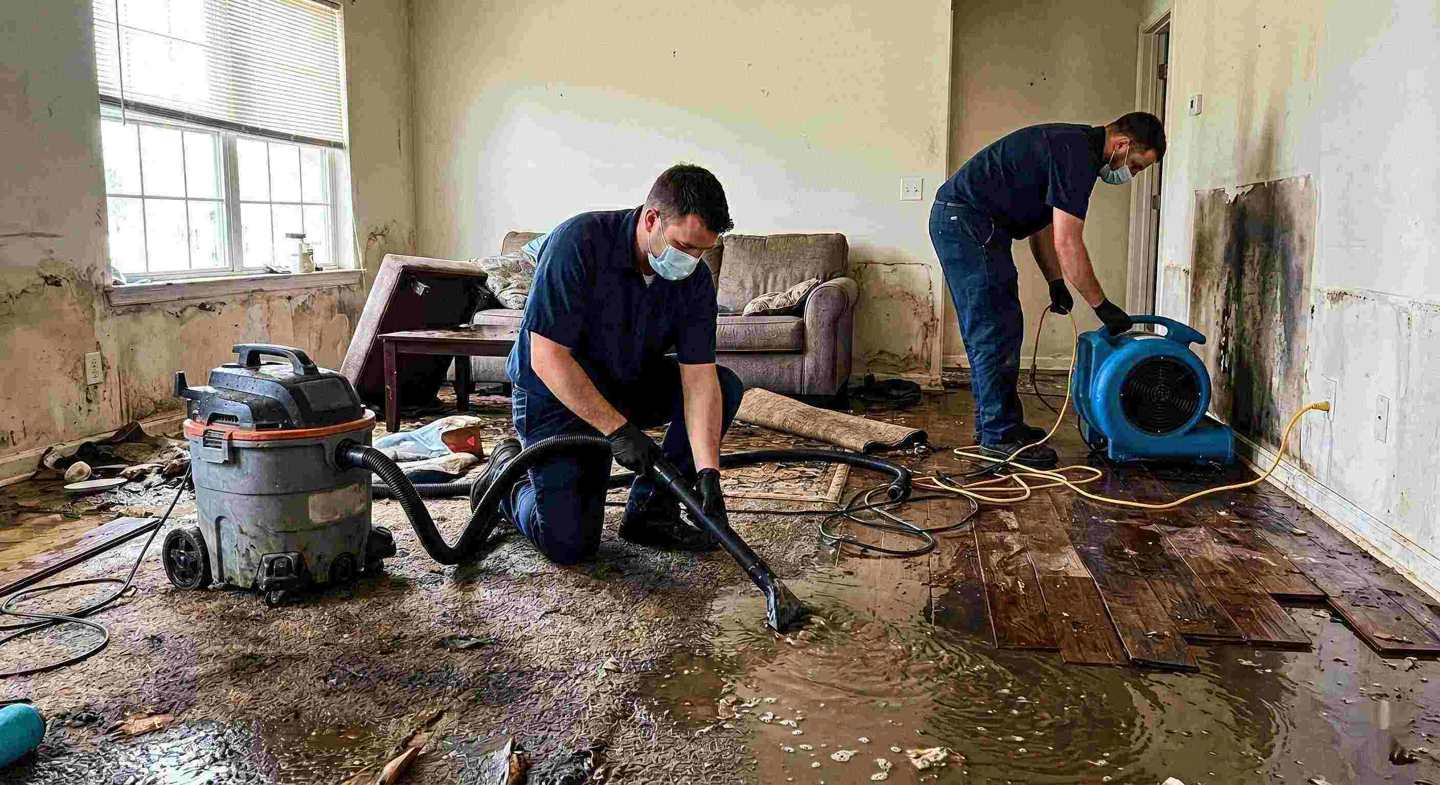 Flood water removal service in a residential home showing technicians extracting standing water and setting up drying equipment in Ann Arbor