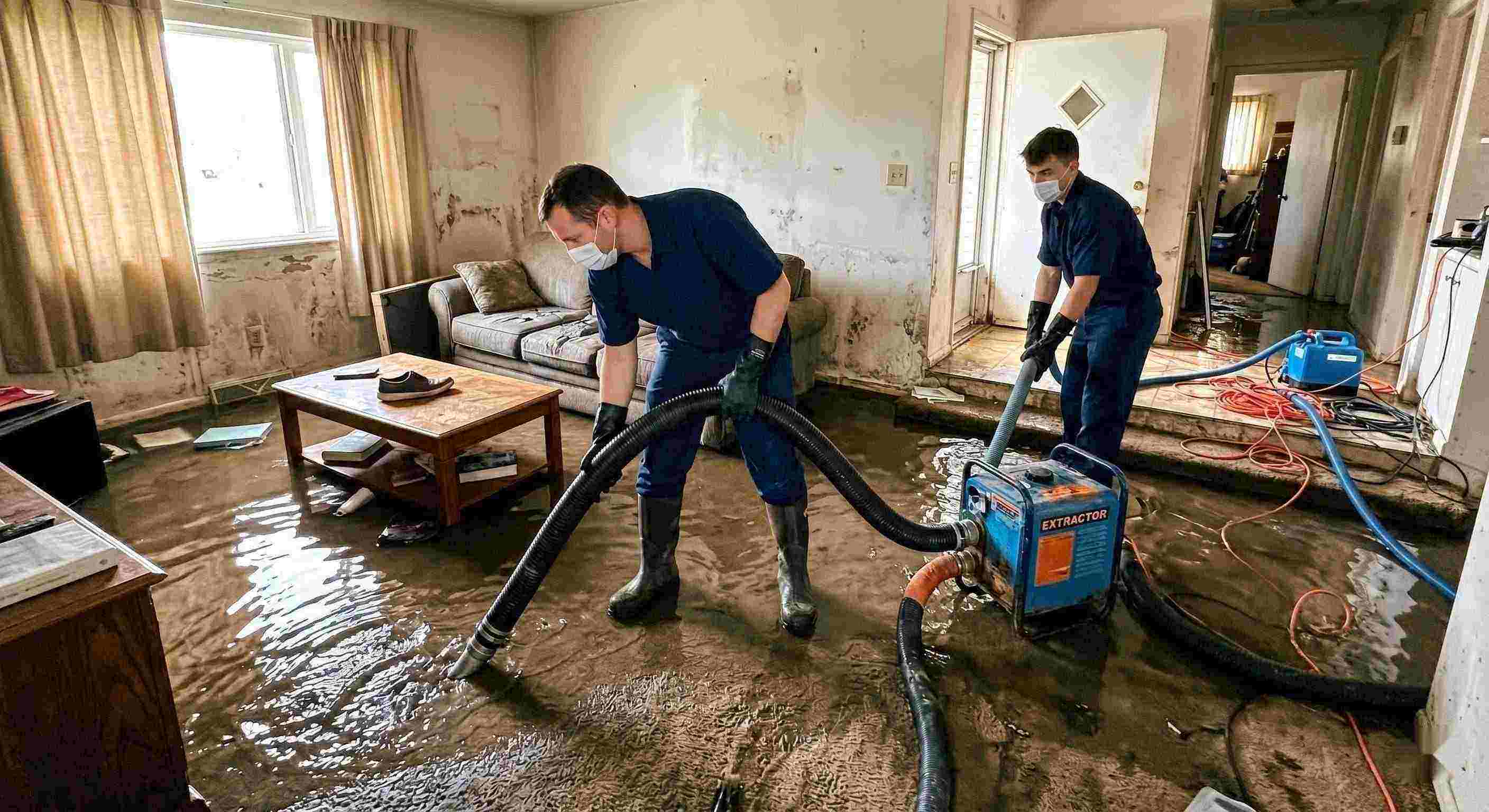 Realistic flood water removal inside a home with technicians using pumps and hoses to extract standing water during flood damage restoration in Ann Arbor.
