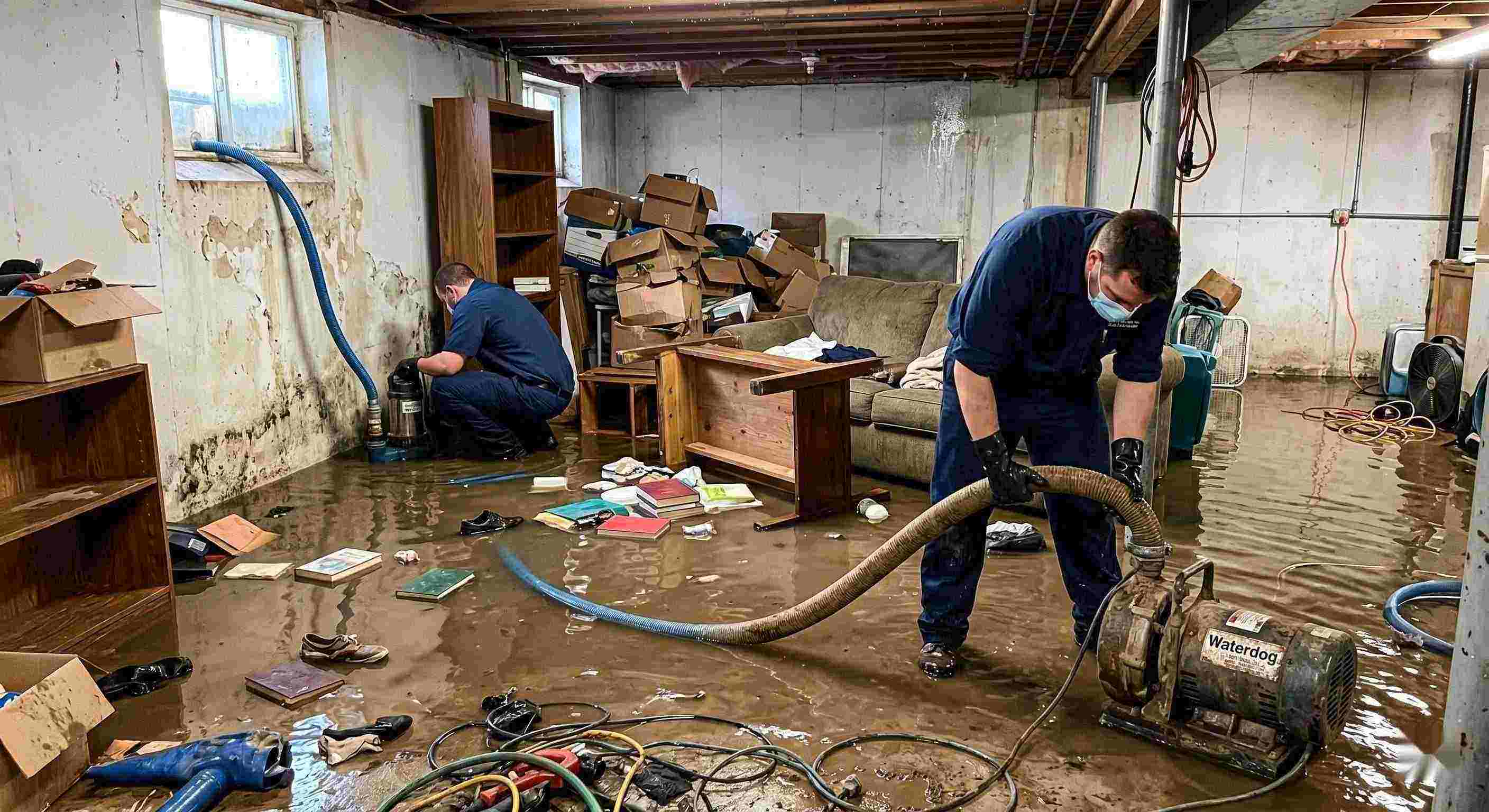 Realistic photo of a flooded basement cleanup with restoration technicians removing standing water in a home in Ann Arbor
