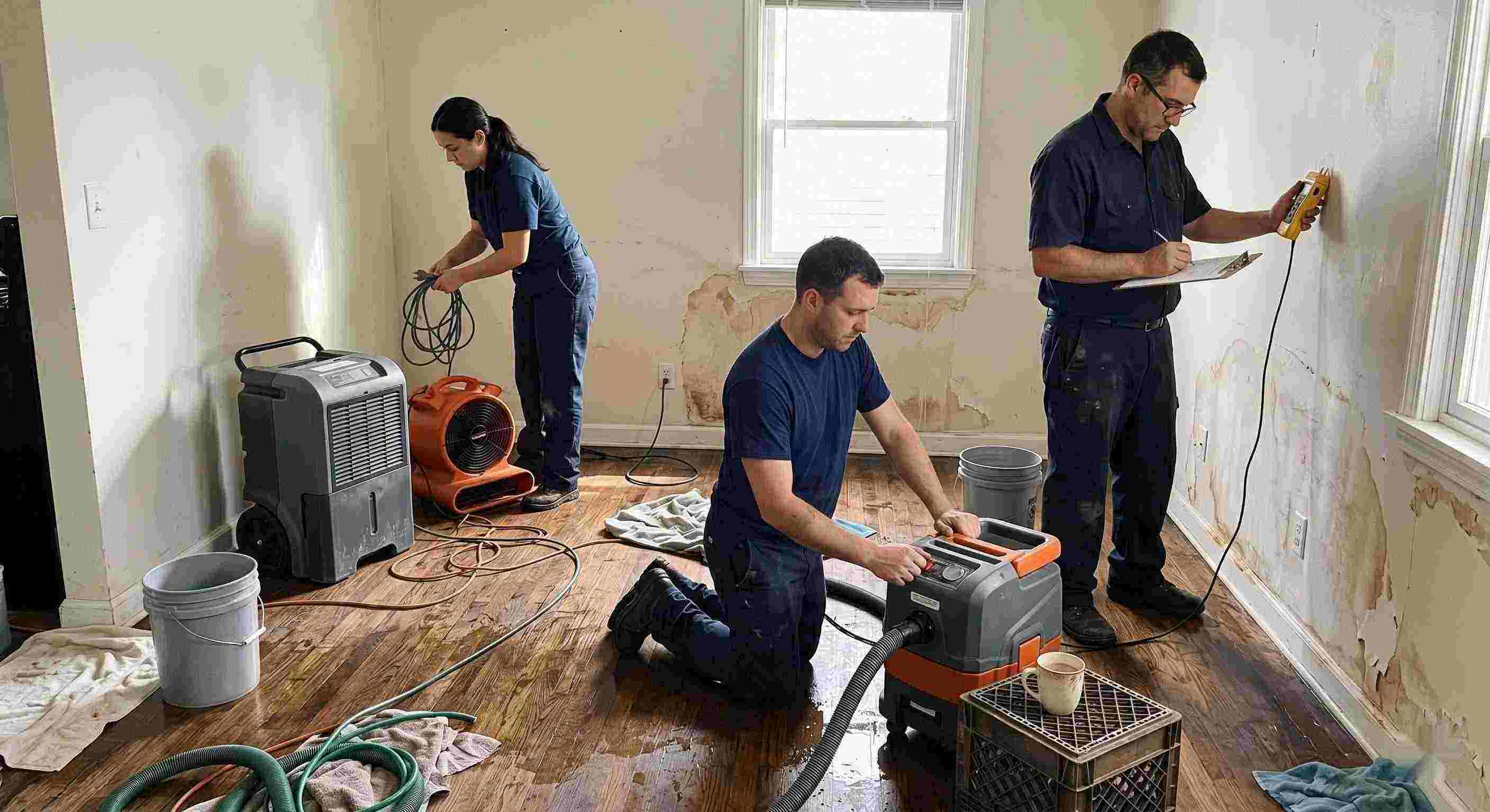 Local leak damage restoration team working with professional equipment to repair water-damaged home in Ann Arbor.