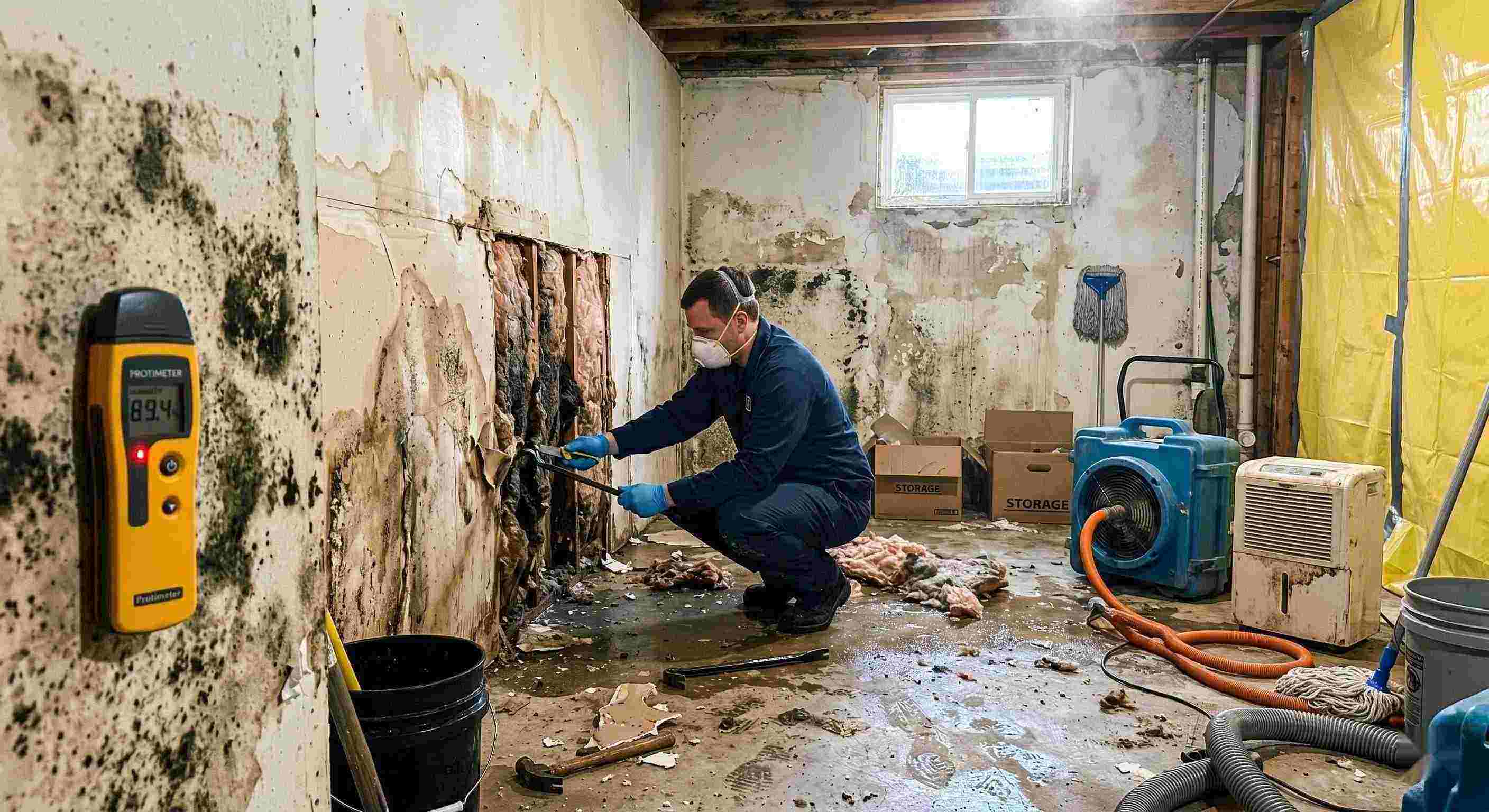 Professional mold after water damage cleanup in a residential home, showing a technician removing water-damaged drywall and treating mold in a damp basement in Ann Arbor.