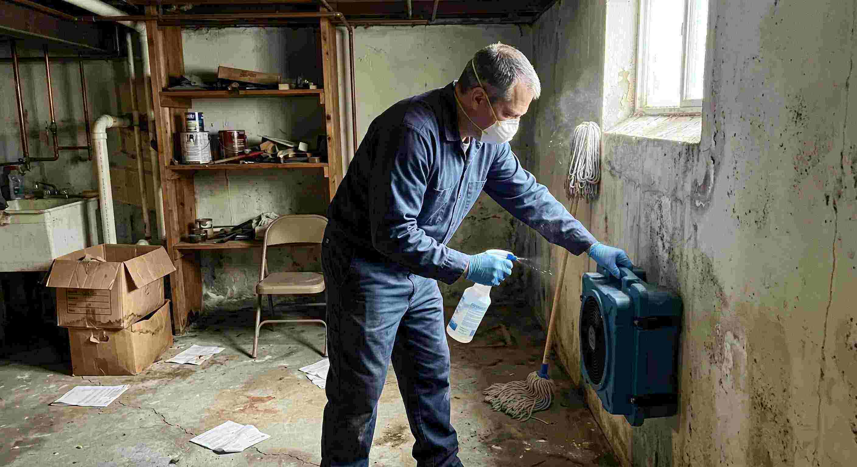 Technician performing mold odor removal in a basement, using HEPA air scrubber and antimicrobial spray, preventing mold growth in a Ann Arbor home.