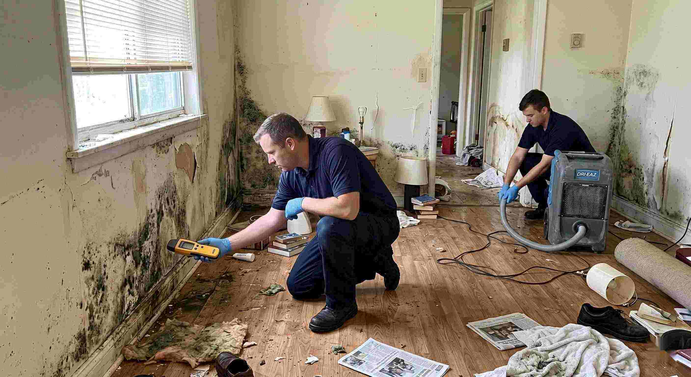 Realistic photo showing mold damage and water-affected walls in a home during mold remediation in Ann Arbor, with technicians inspecting and controlling moisture.