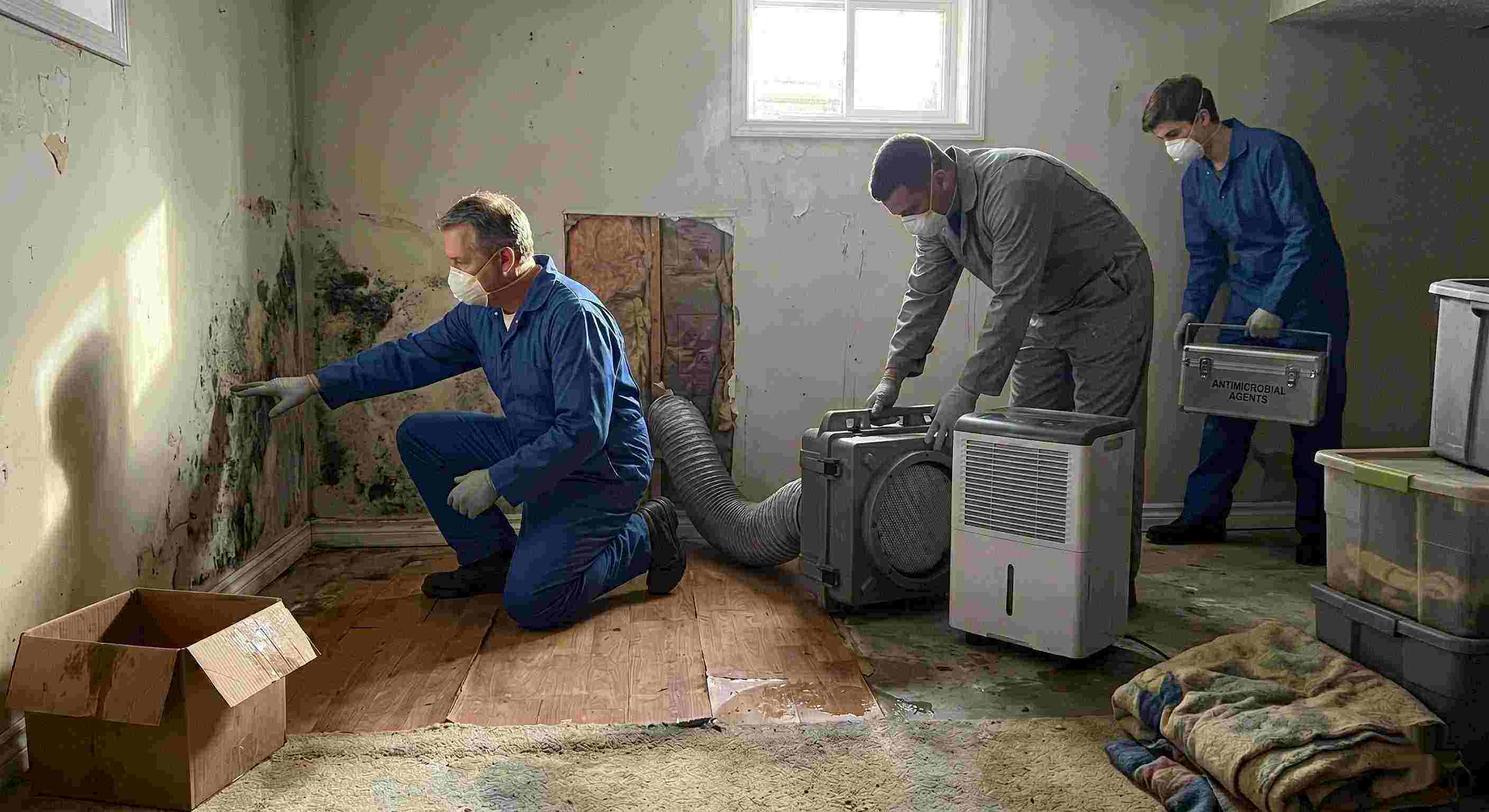 Residential mold remediation team performing inspection and cleanup with dehumidifiers and HEPA filters, showing professional team and equipment in a Ann Arbor home.