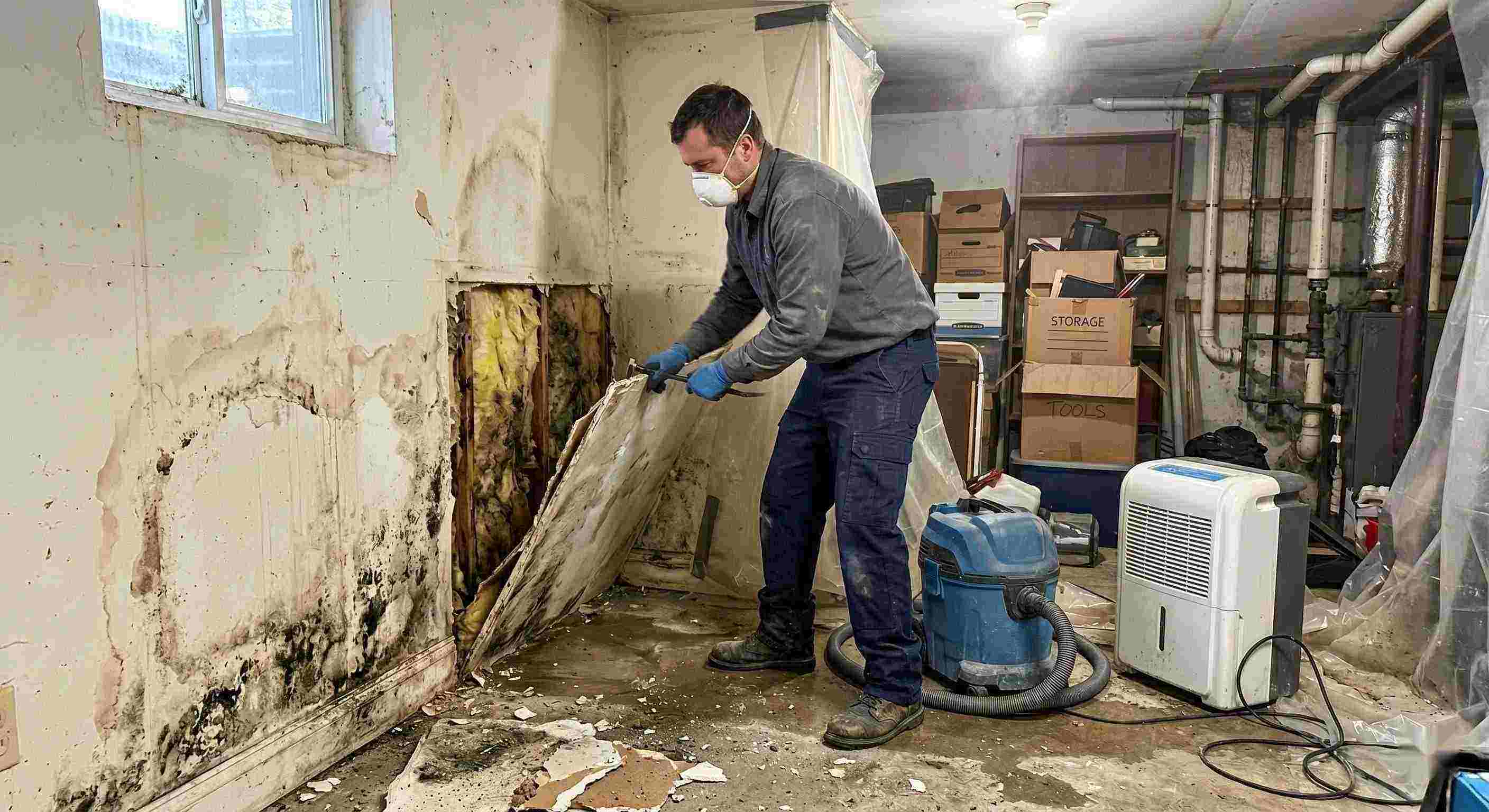 Action shot of a mold remediation technician removing damaged drywall and treating mold in a home basement in Ann Arbor, showing realistic textures, dust, and water damage.