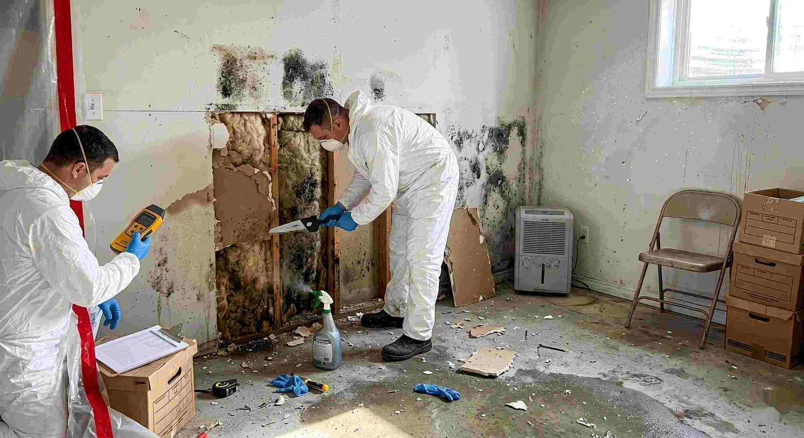 Professional mold removal service in a residential home, showing technicians removing black mold and moisture-damaged drywall in Ann Arbor.