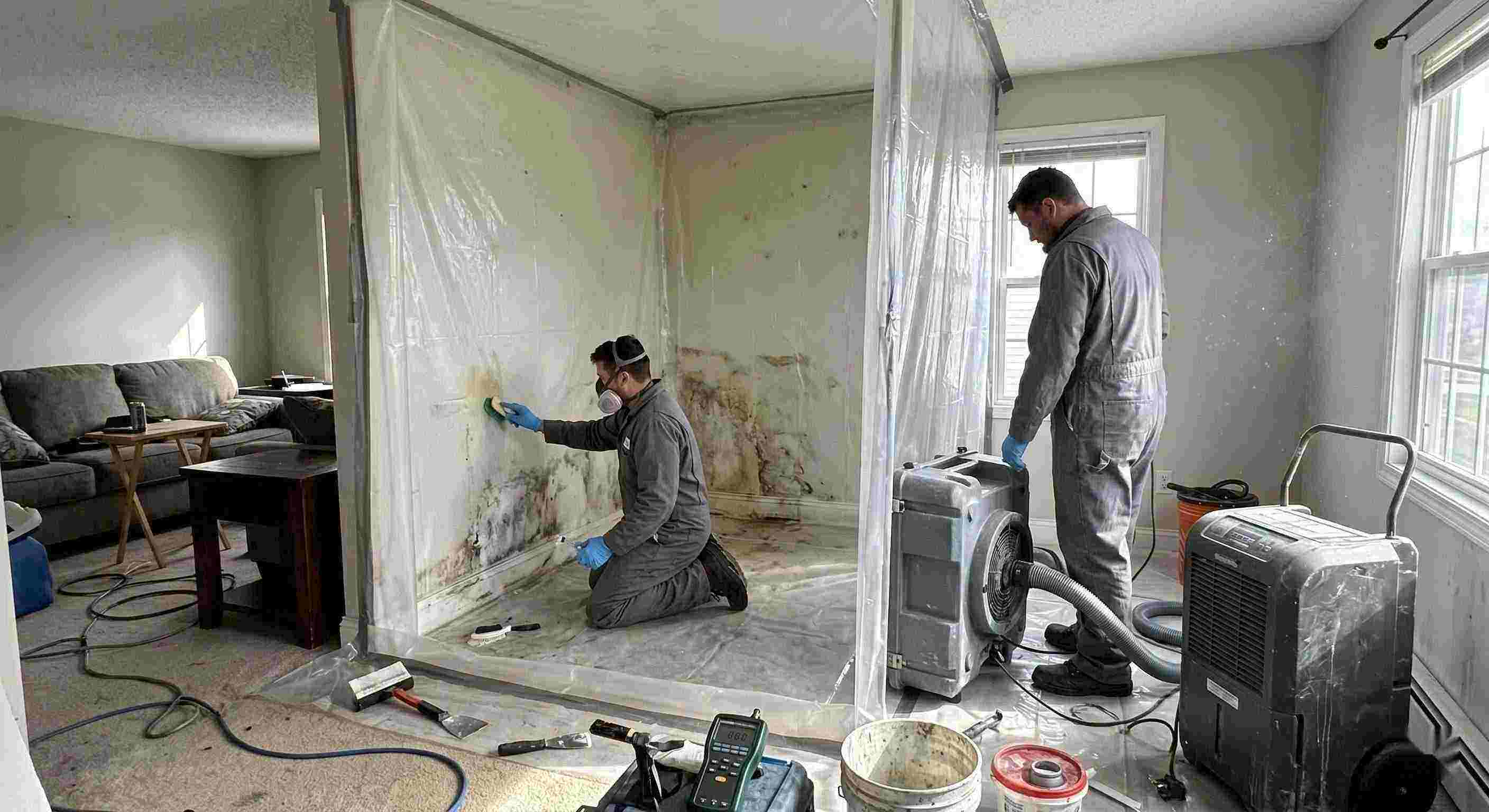 Technicians performing indoor mold removal in a residential home in Ann Arbor, isolating damp areas and using HEPA air scrubbers and dehumidifiers.