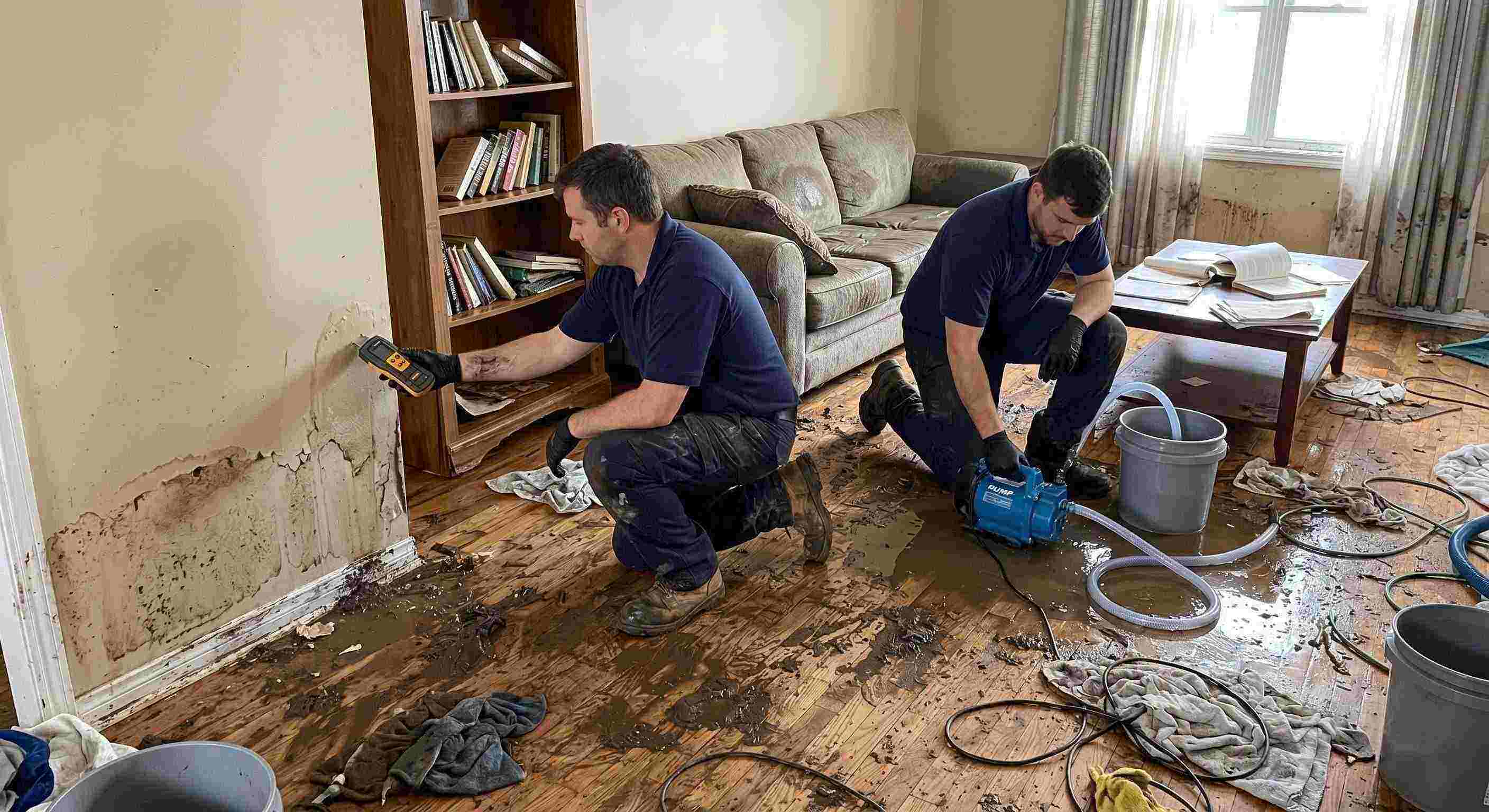 Realistic photo of a technician performing mud and debris removal after flooding in a home in Ann Arbor, showing soaked floors, water-damaged furniture, and scattered cleaning equipment.