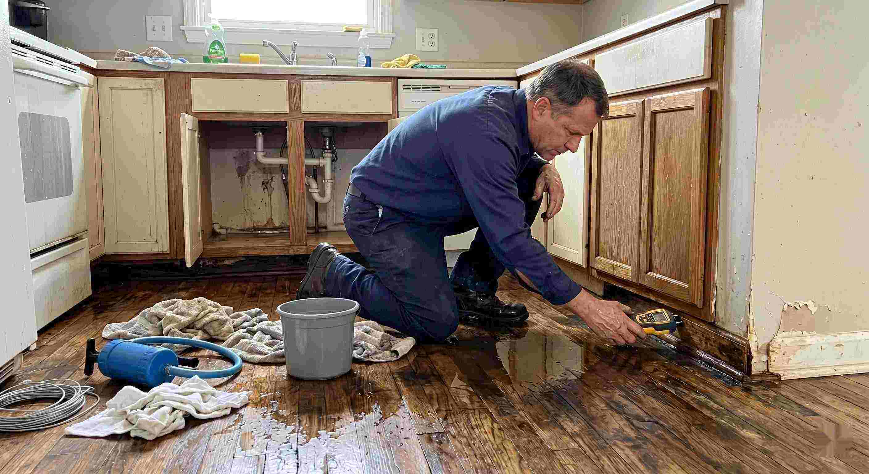 Technician performing pipe leak cleanup in a residential home in Ann Arbor, inspecting water-damaged flooring and cabinets.