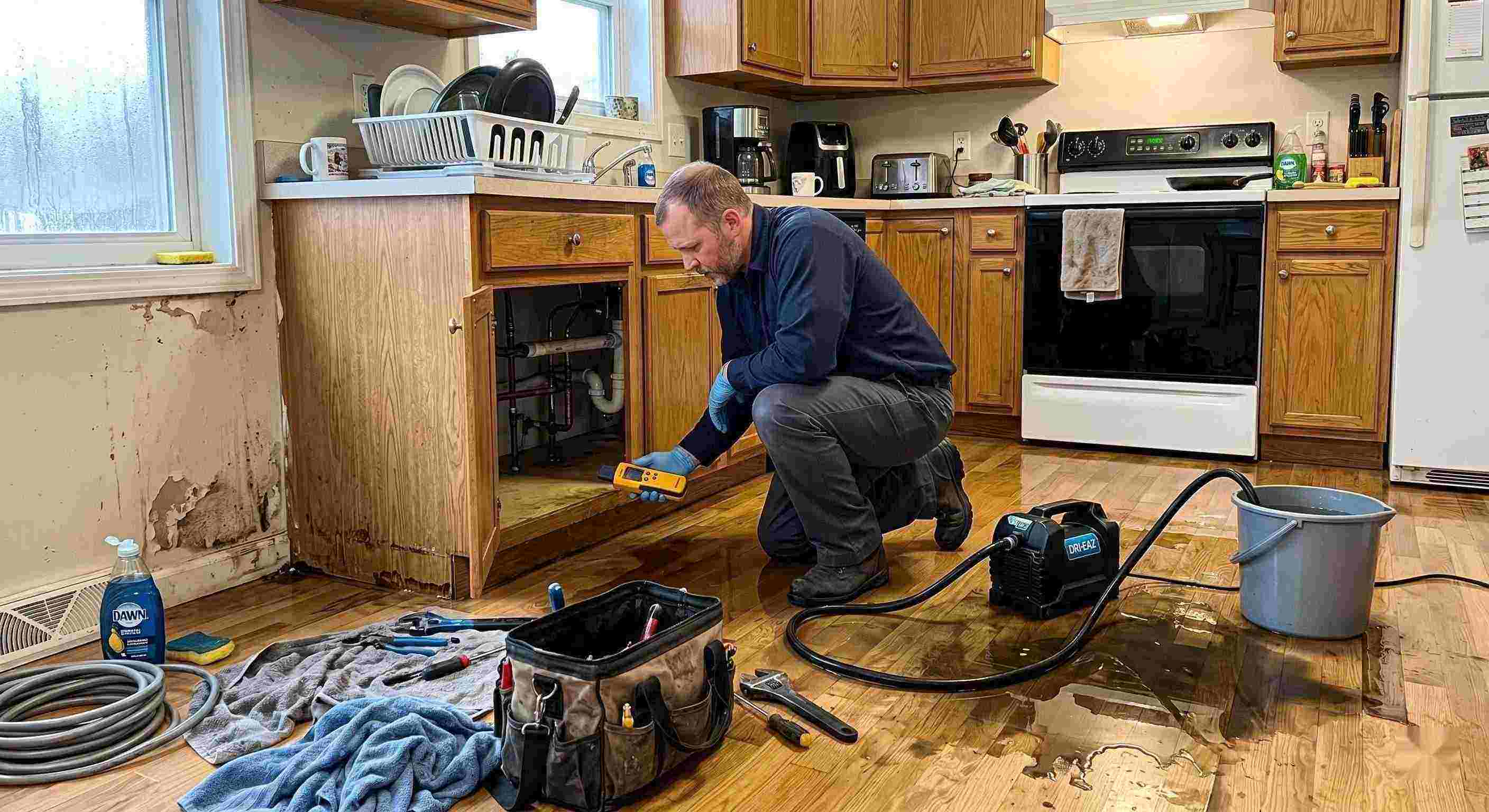 Pipe leak cleanup service in a residential kitchen showing water damage and a technician actively restoring the area in Ann Arbor.