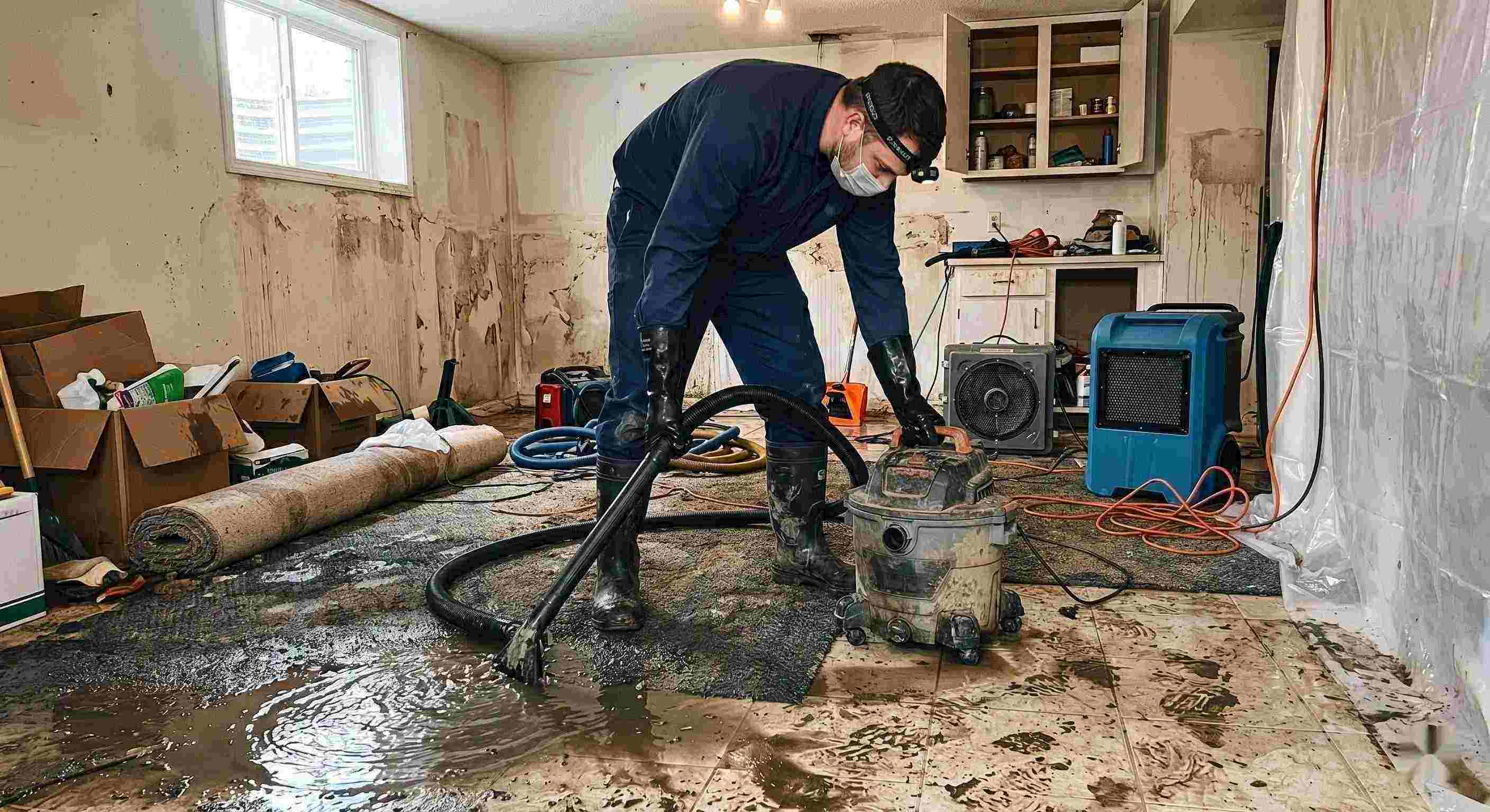 Action shot of a technician performing sewage backup cleanup in a residential home, showing water extraction and sanitation processes in Ann Arbor.