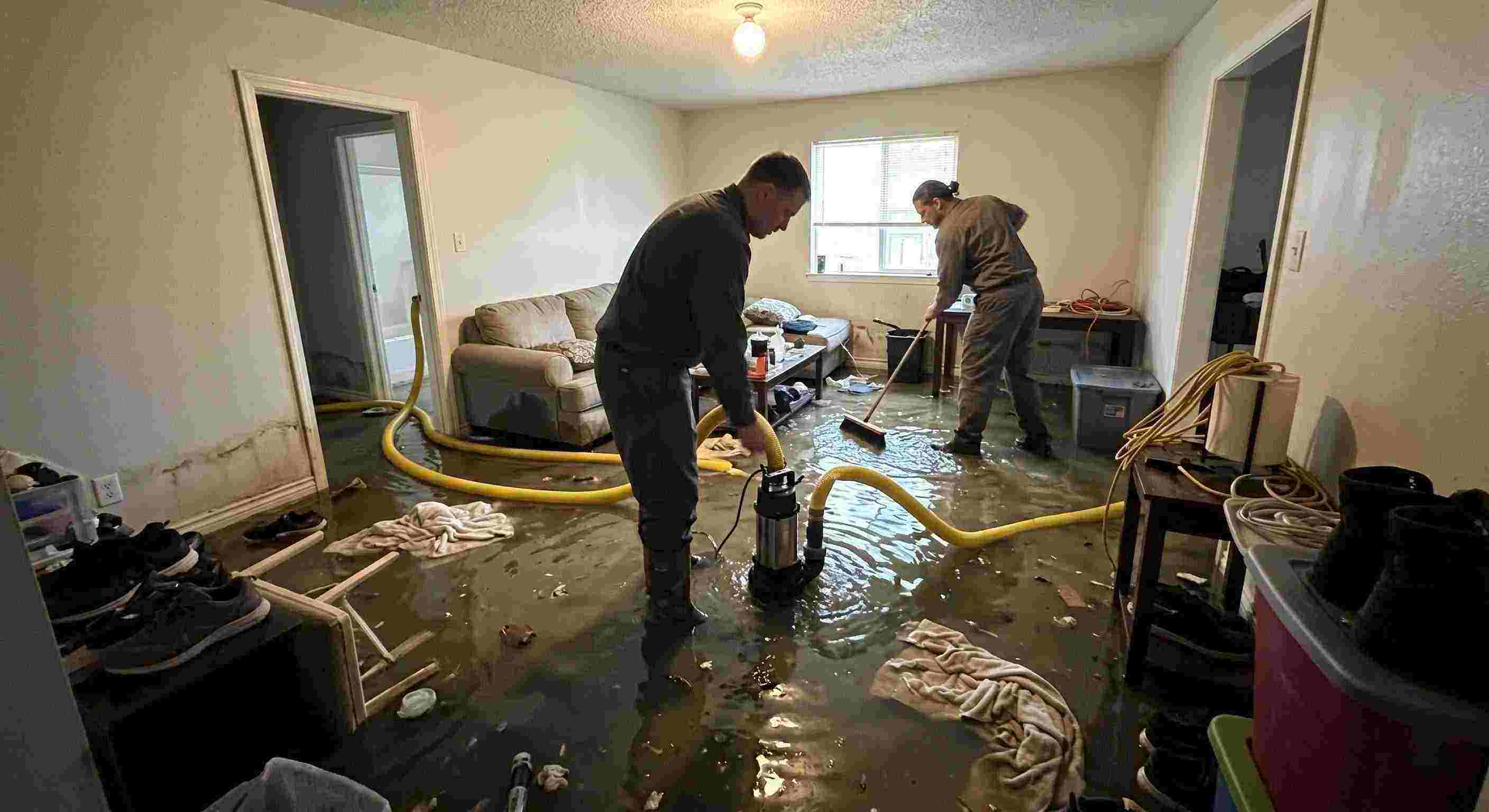 Professional high volume residential pump-out services removing flood water with submersible pumps in Dearborn