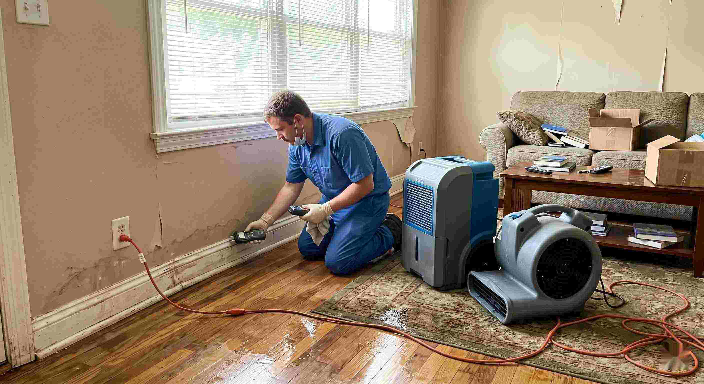 Technician performing rainwater intrusion cleanup in a flooded home in Ann Arbor, showing wet floors, damp walls, and dehumidifiers in use.
