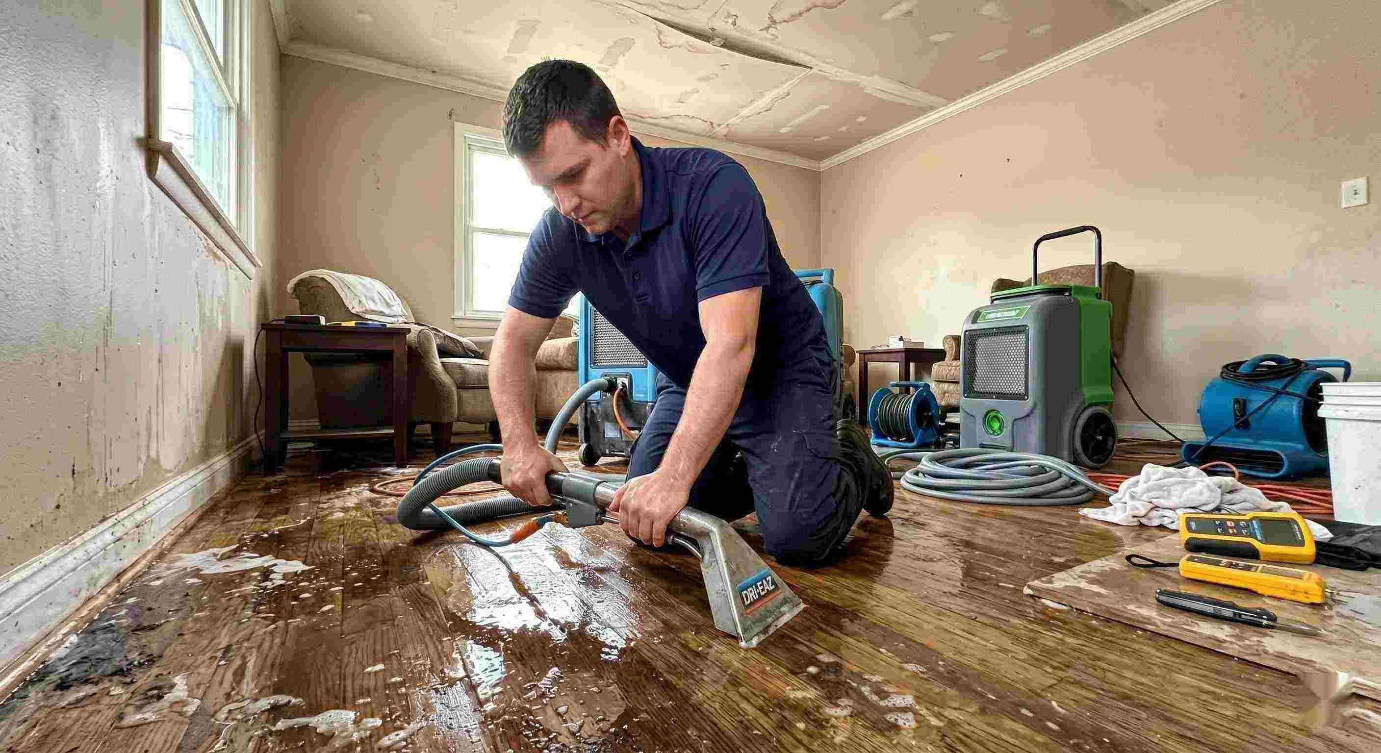 Action shot of a leak damage restoration technician performing water extraction and drying in a home in Ann Arbor, showing realistic water damage and cleanup process.