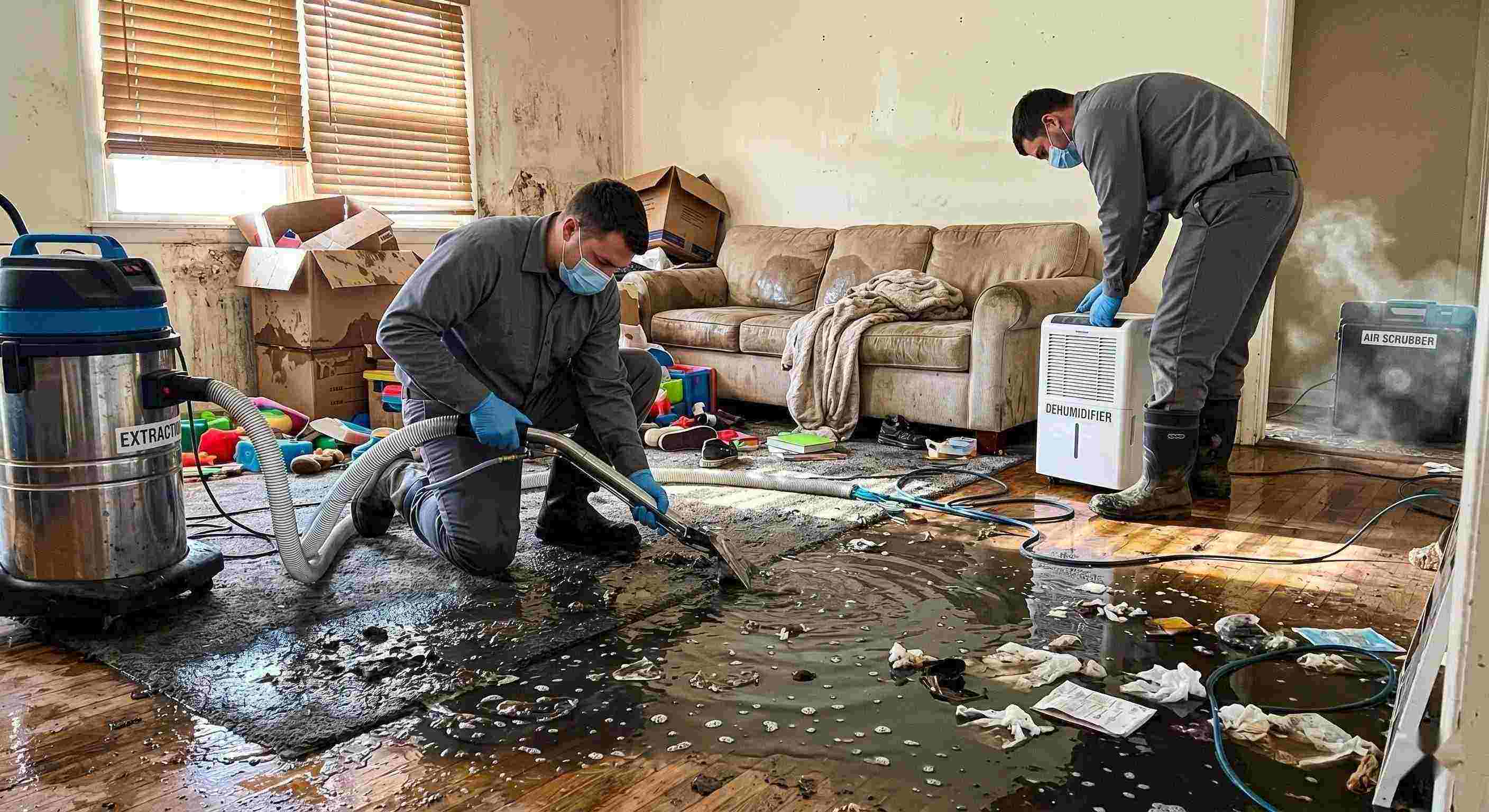 Realistic image of a residential sewage backup cleanup in progress, with technicians removing contaminated water and using drying equipment in a home in Ann Arbor.