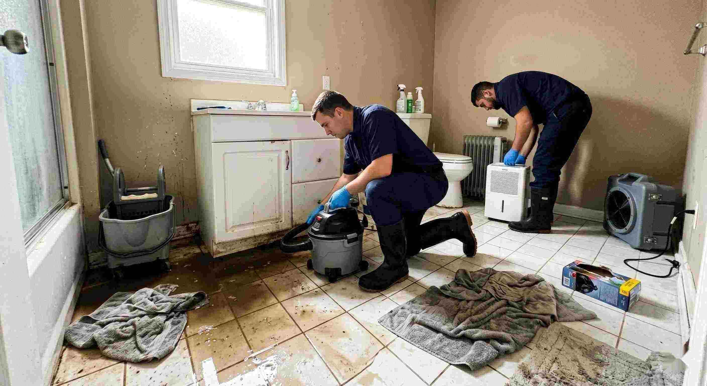 Realistic sewage backup cleanup in a home bathroom, technician extracting contaminated water during emergency sewage cleanup in Ann Arbor