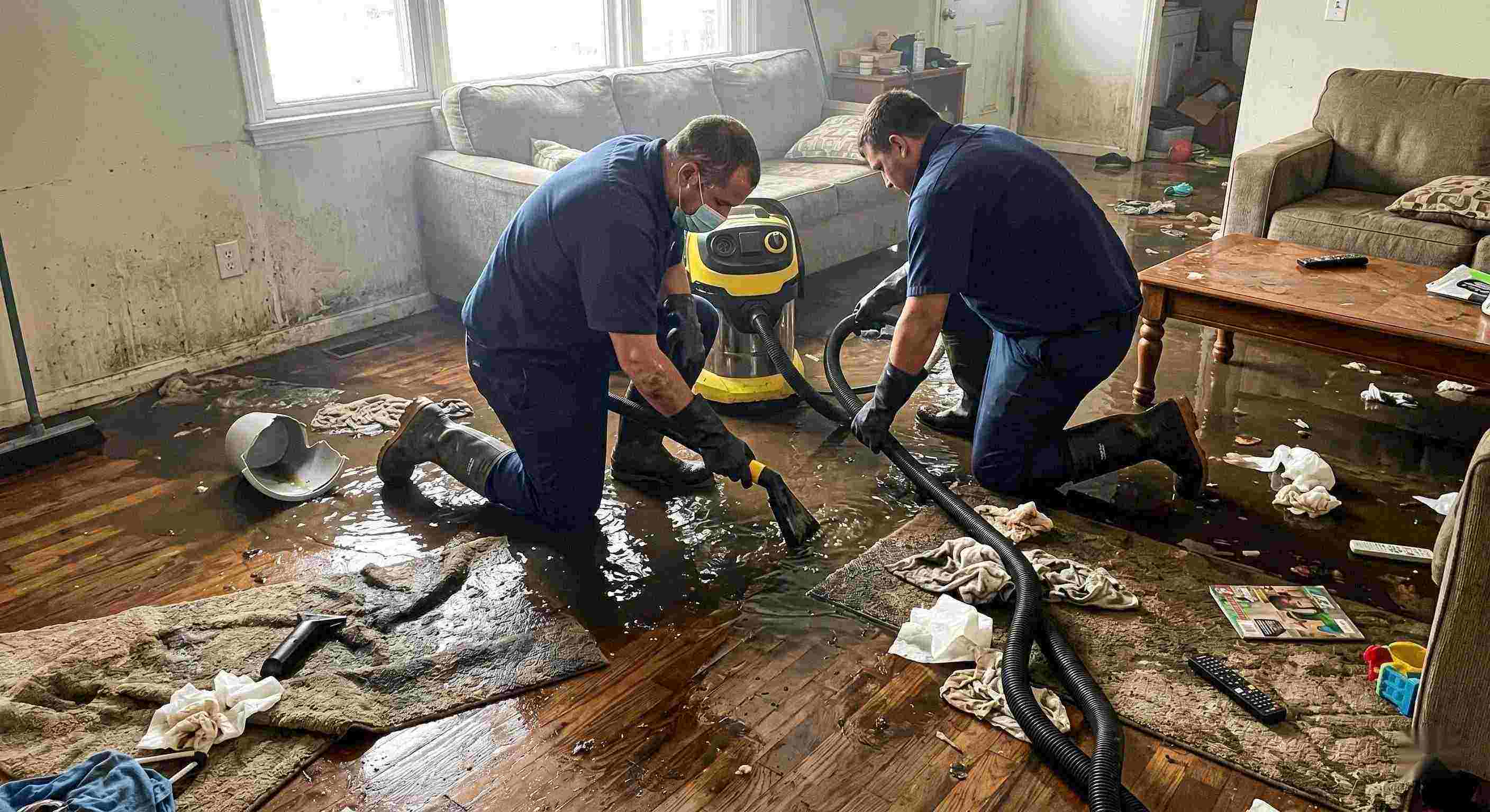 Realistic scene of sewage backup cleanup in a home showing technicians removing contaminated water in Ann Arbor.