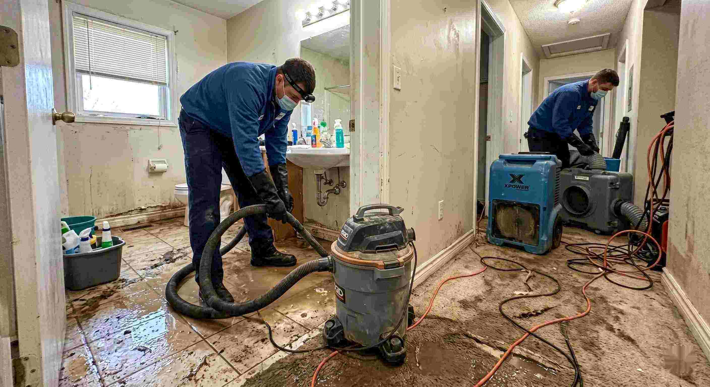 Sewage backup cleanup in a home with technicians removing contaminated water and drying surfaces in Ann Arbor