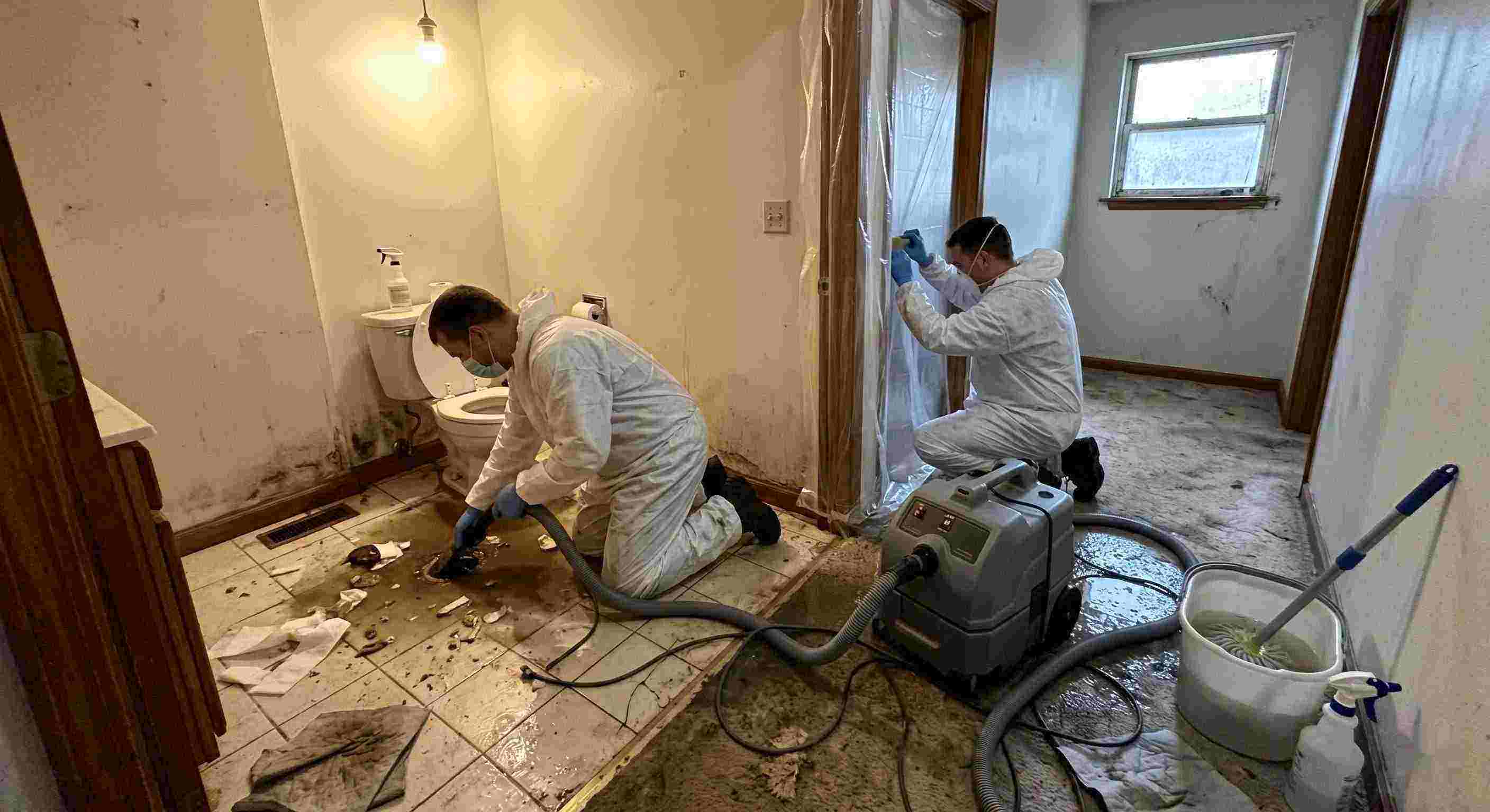 Local sewage backup cleanup technicians removing contaminated water inside home in Flint