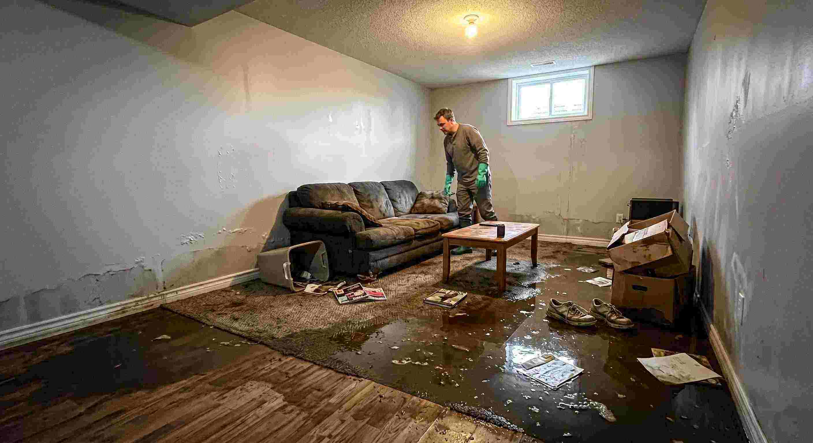 severe sewage backup damage spreading across basement floors and walls in Ann Arbor home