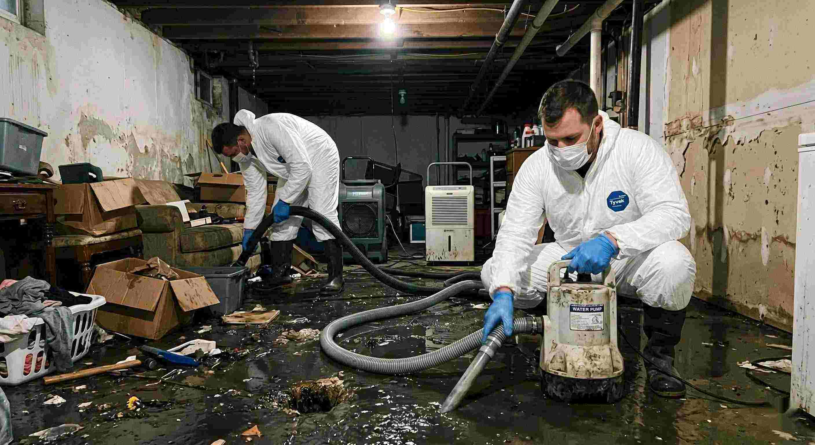 sewer backup cleanup technicians removing contaminated water from flooded basement in Ann Arbor