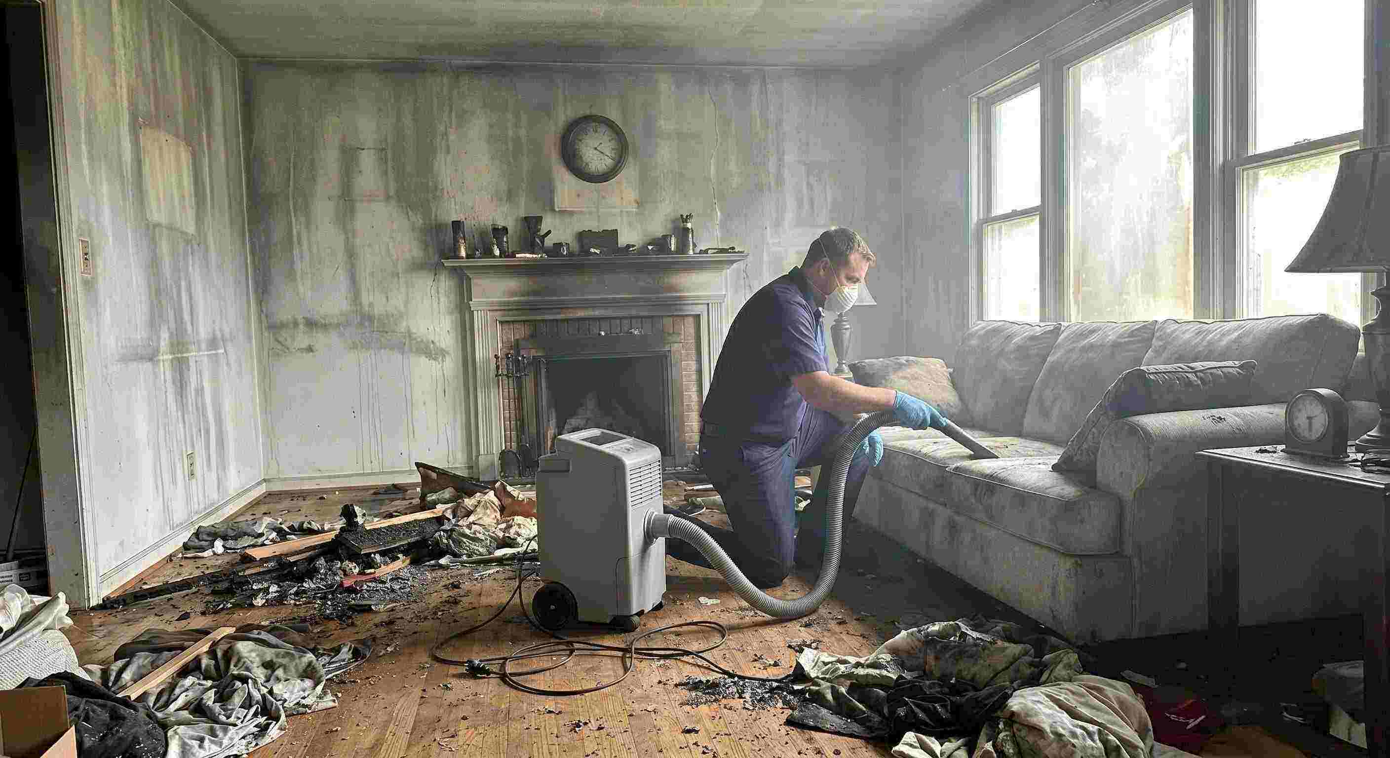 Realistic post-fire smoke damage removal in a home with soot-covered walls and debris being cleaned by a technician in Ann Arbor.